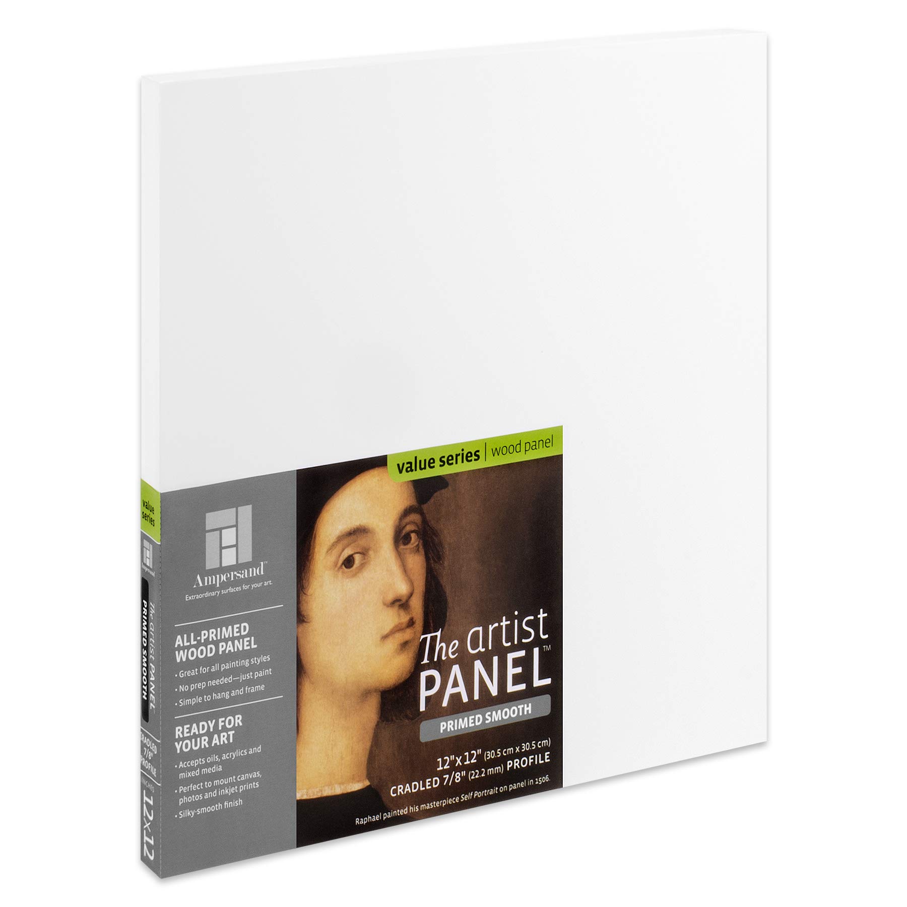 Ampersand Art Supply 7/8" Cradled Profile Wood Gesso Artist Painting Panel: Primed Smooth, 12" X 12",