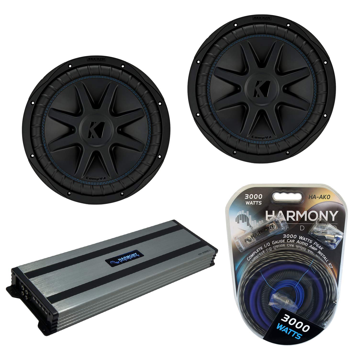 Kicker (2) CVX12 Car Audio CompVX Subwoofer 12" Sub 44CVX122 Bundle with Harmony HA-A1500.1 Amplifier & Amp Kit