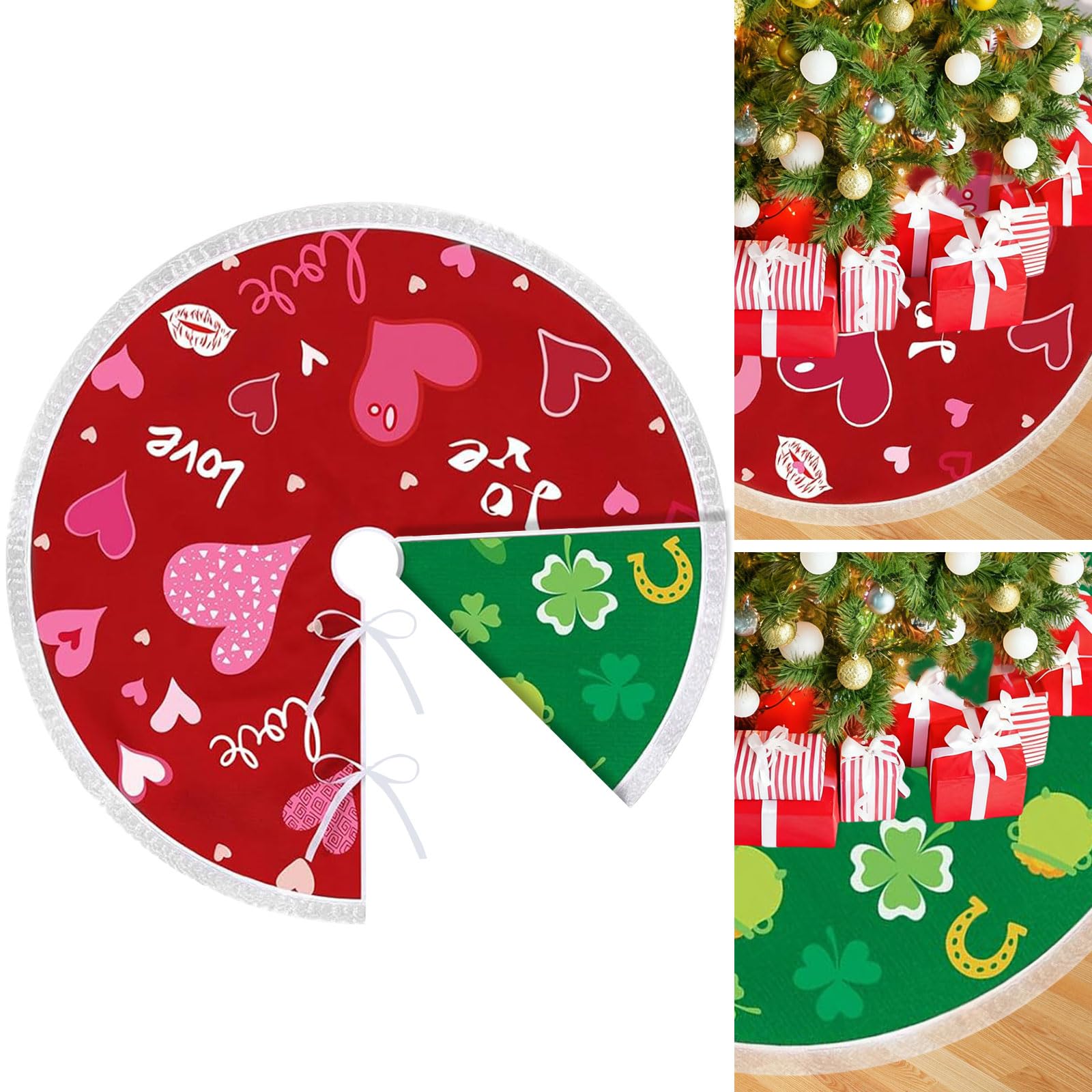 Photo 1 of 36 Inch Valentine's Day Tree Skirt Reversible St. Patrick's Day Decorations, Double Sided Print Mat Christmas Tree for Holiday Party (Valentines/St.Patricks)