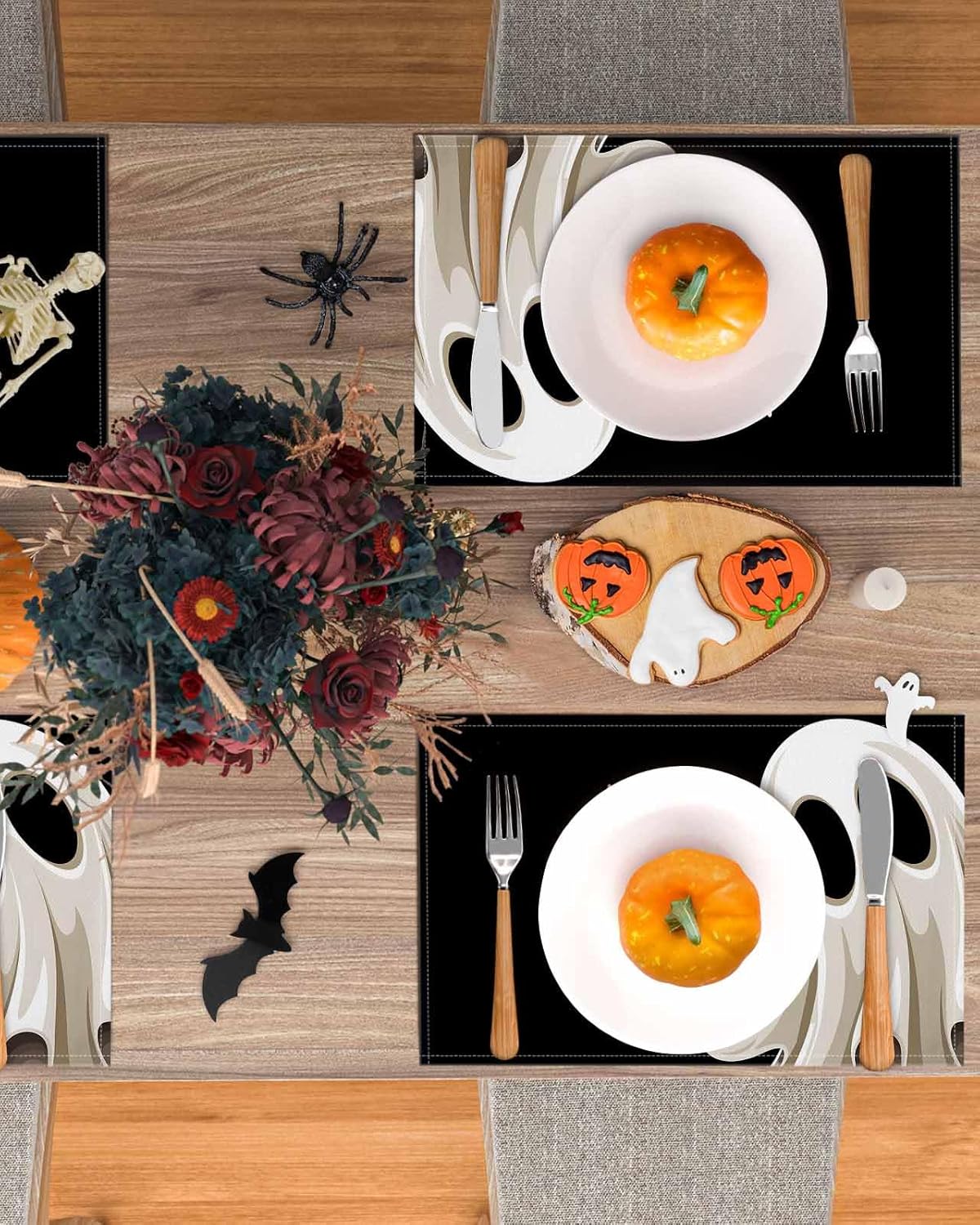 Halloween Placemats Set of 8, Black Ghost Place Mats Fall Placemat Cute Boo Spooky Table Mats for Dining Kitchen Dinner Holiday Party Dinner Party Home Decorations 13x19 Inch