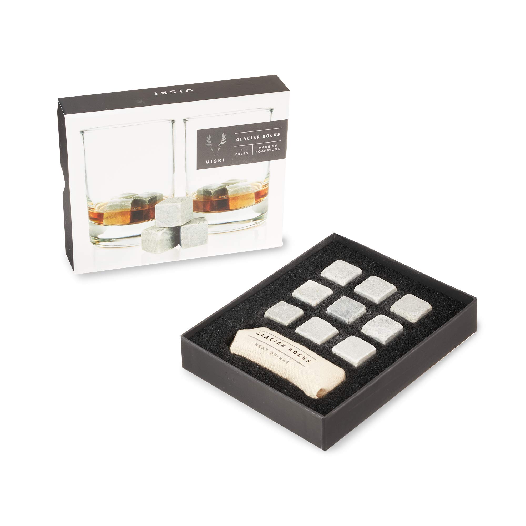 Viski Glacier Rocks Soapstone Cubes, Reusable Whiskey Stones, Ice Cube for Bourbon, Scotch, Gin, Cognac, Home Bar, Drink Accessories, 9-Piece Set