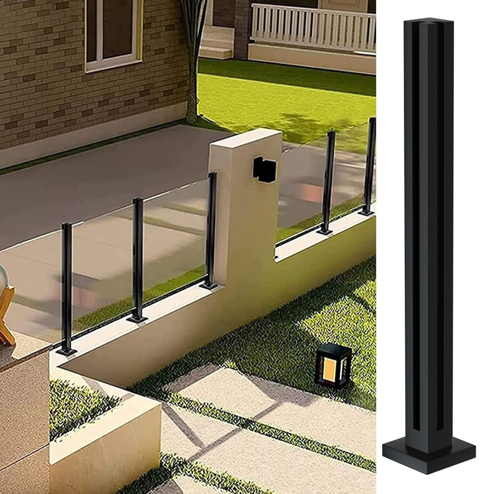 Poteau garde-corps verre noir robuste pour sécuriser un escalier