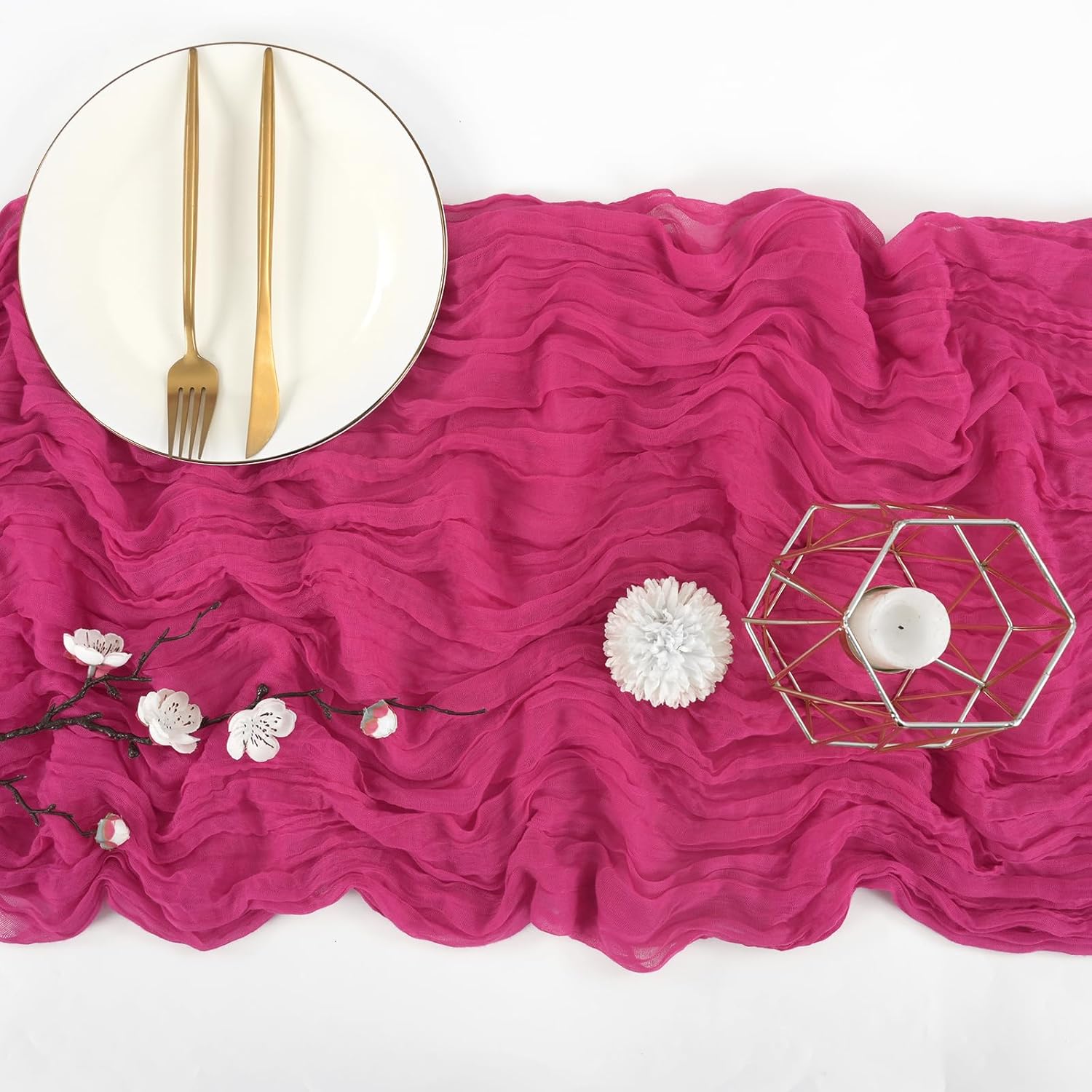 12 Pack 10Ft Hot Pink Cheesecloth Table Runner 35 x 120 inch Boho Gauze Cheese Cloth Table Runner Vintage Rustic Sheer Runners for Wedding Bridal Shower Birthday Party Cake Table Decorations