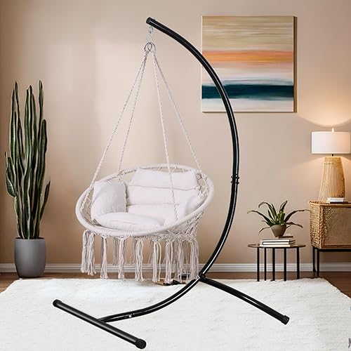 Miniatura 9 de Goutime Silla tipo hamaca, sillas colgantes de macramé con cojín y kit de herramientas, columpios para adultos para exteriores, patio, balcón,