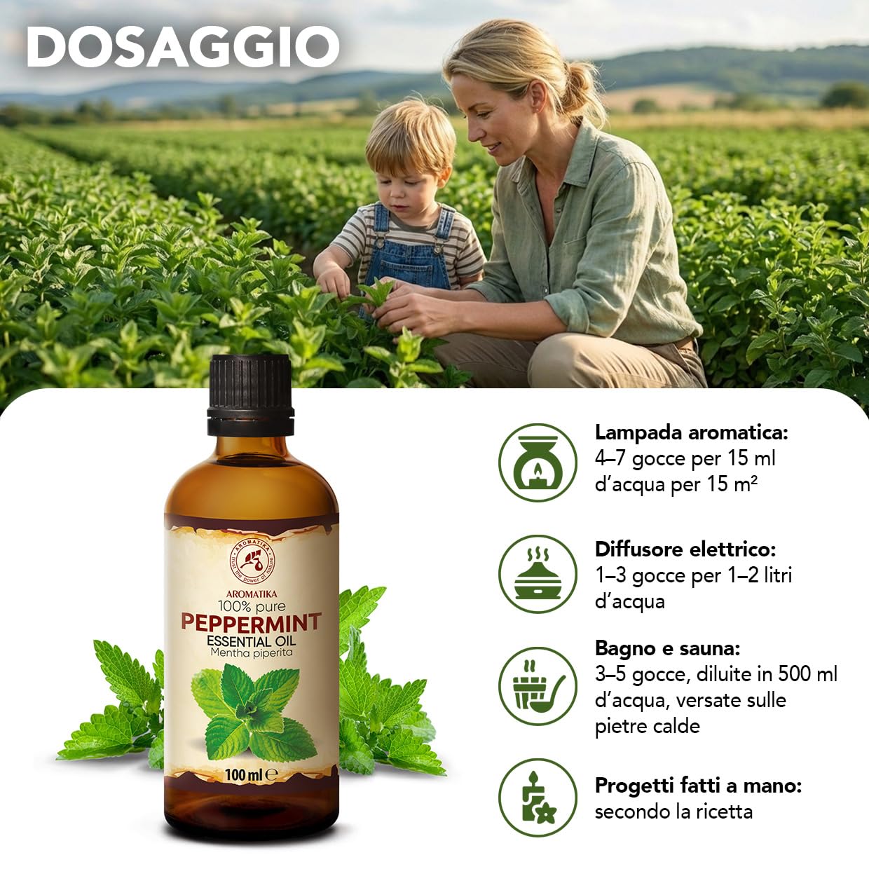 Olio essenziale di Menta Piperita 2x100 ml - Mentha Piperita - Naturale e Puro - Olio essenziali per Diffusori - Profumi per la Casa - Saponi e Candele - Sauna - Aroma Fresco - Aromaterapia