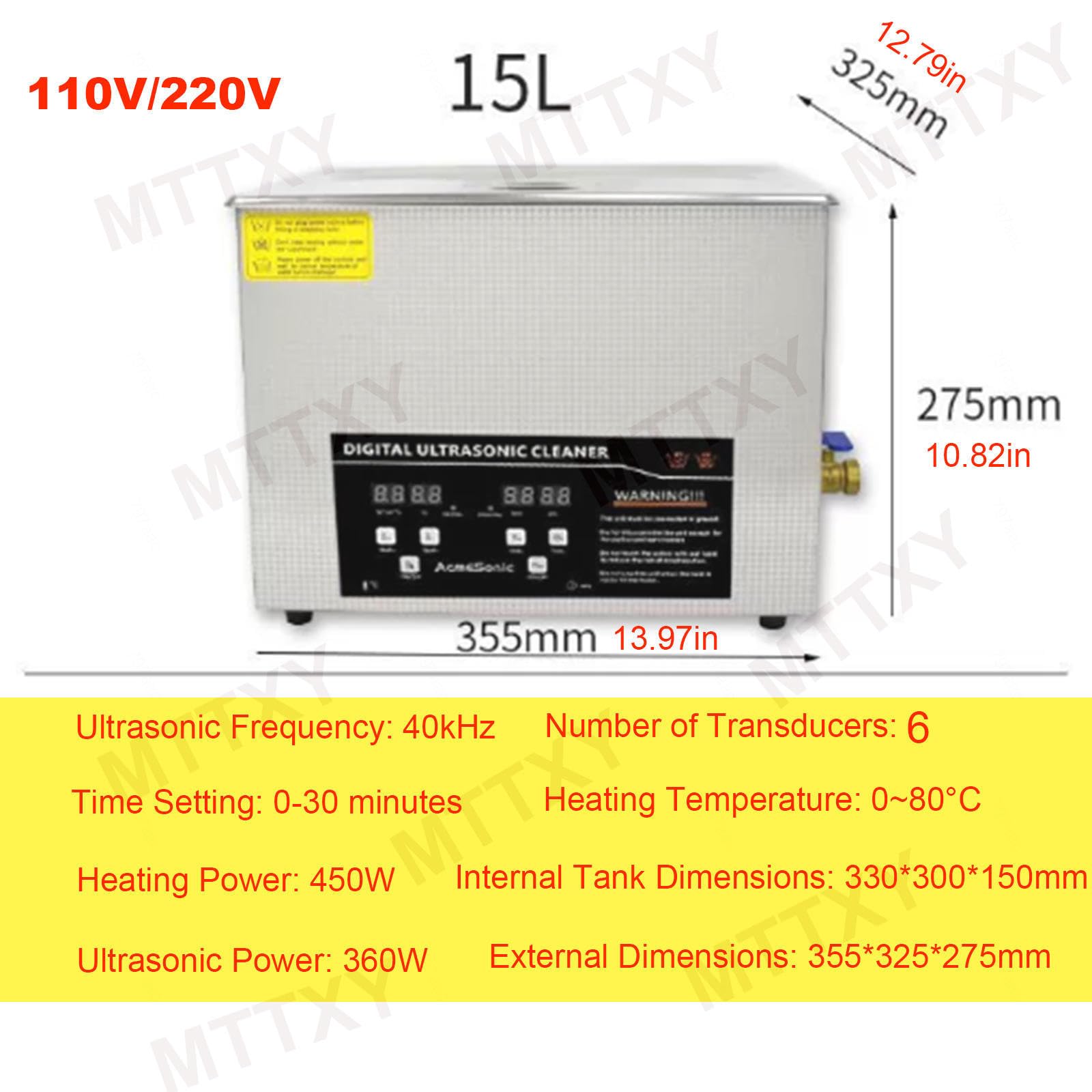 Myjka Ultradźwiękowa 6,5 ​​l/15 L/30 L, Myjka Ultradźwiękowa Ze Stali Nierdzewnej 40 KHz Z Cyfrowym Timerem I Podgrzewaczem, Regulacja Czasu 0-30 Minut Dla Okularów Ustalających Auto Część,15L