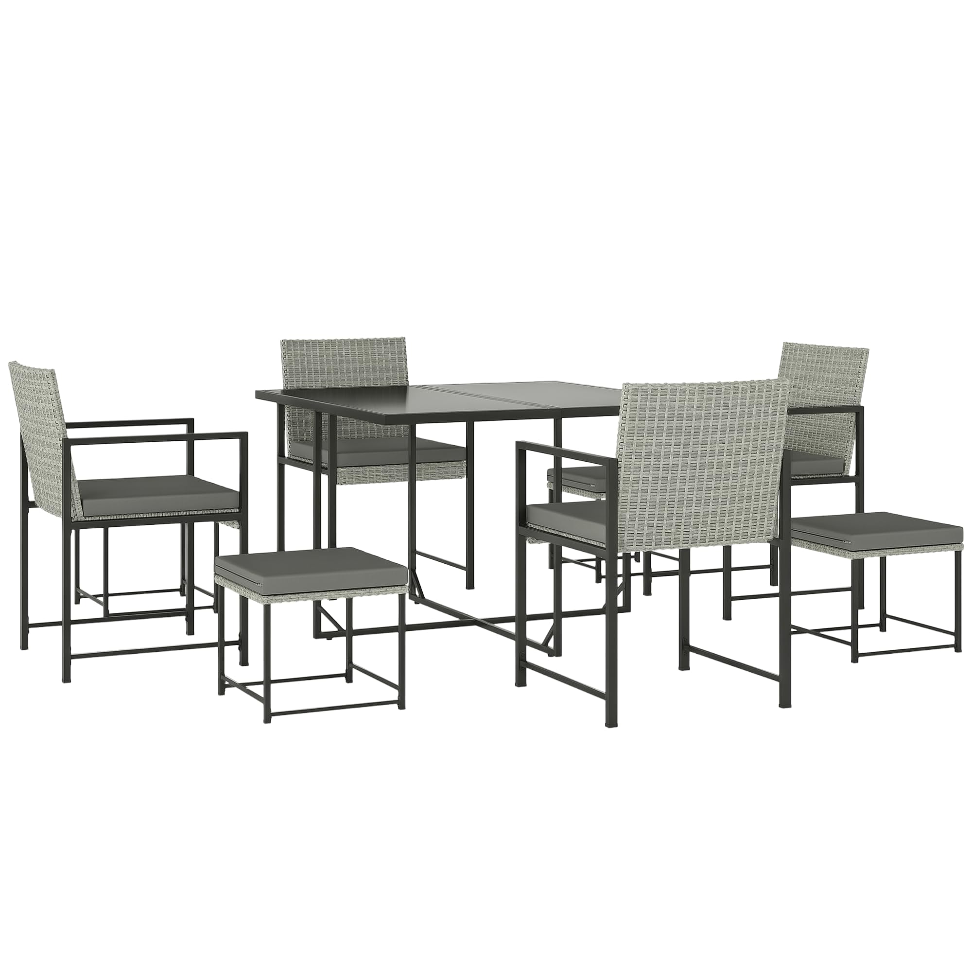 Outsunny Conjunto de Muebles de Jardín Exterior de Ratán de 9 Piezas Conjunto de Jardin Exterior de Ratán Sintético con Mesa con Vidrio Templado 4 Sillas 4 Taburetes Impermeables Cojines Gris