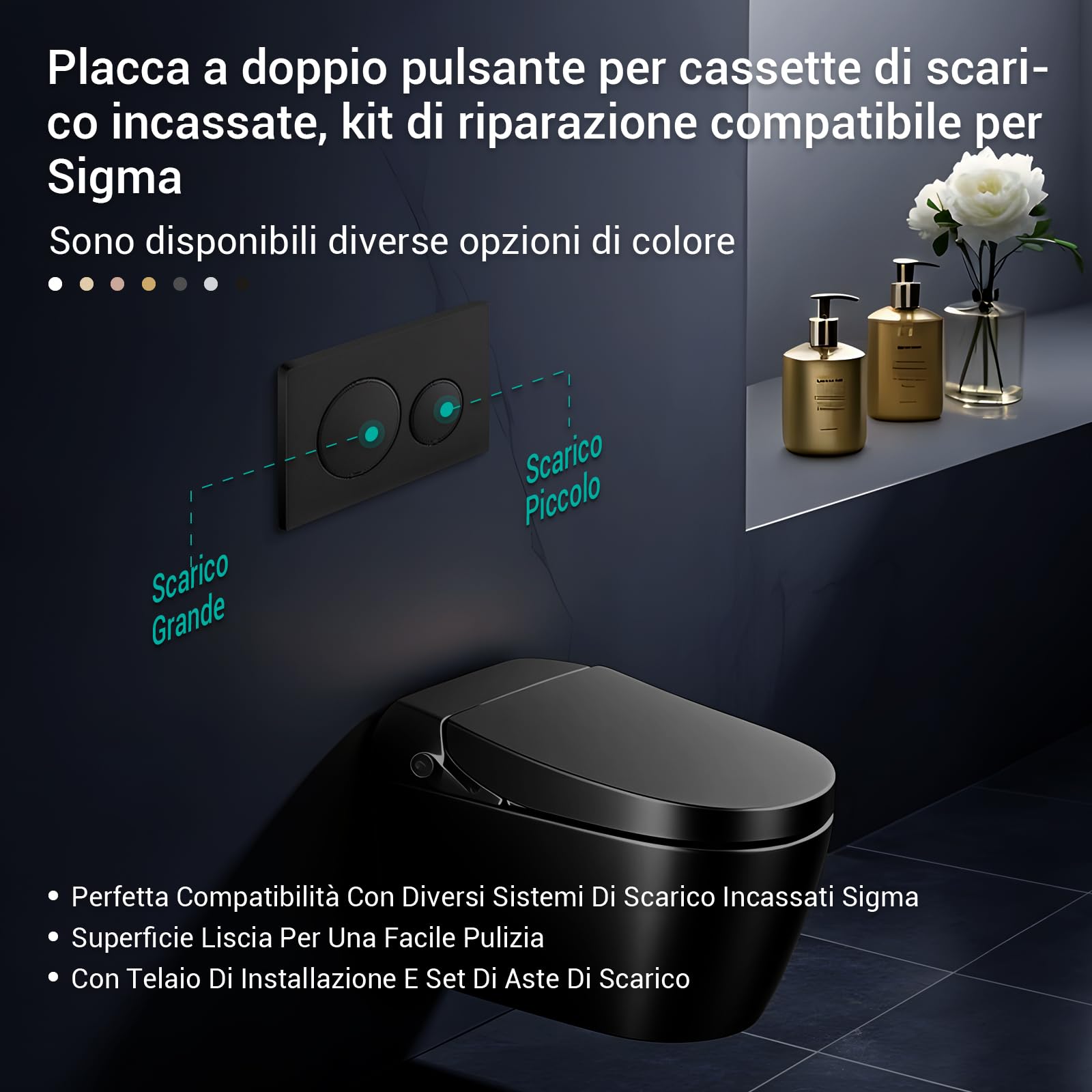 Empyreal piastra di Ricambio per Pannello Frontale del Cassetta del WC, con Set di Aste di Scarico e Telaio di Fissaggio, Per Geberit Sigma 20 Serie 115.882, Doppio Scarico, 1 Pezzo (Nero)