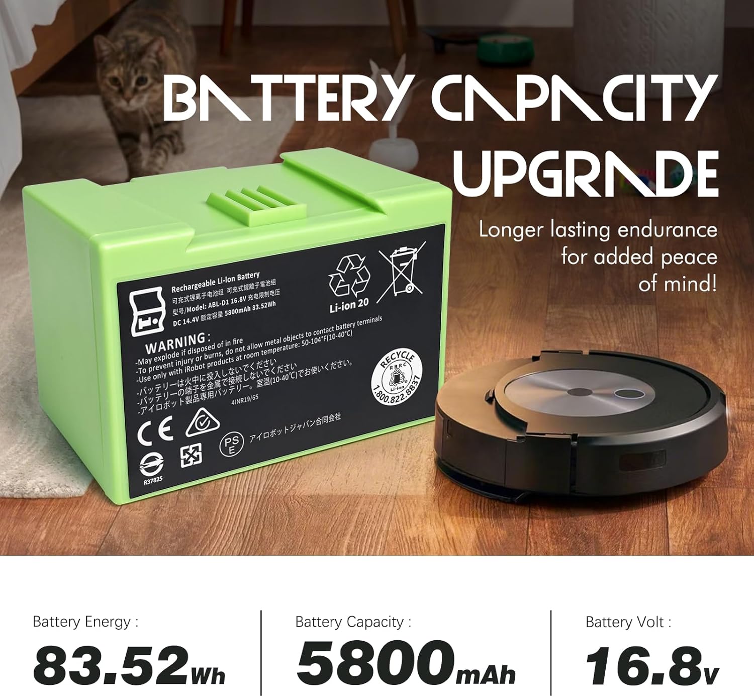 (New Upgraded) 5800mAh 14.4V ABL-D1 Battery for iRobot Roomba e & i Series,Fits for iRobot Roomba i8 i8+ i7 i7+ i4 i4+ i3 i3+ e5 e6 J7 J7+ J6+ J6 Plus J5 J5+ Series Li-ion Battery