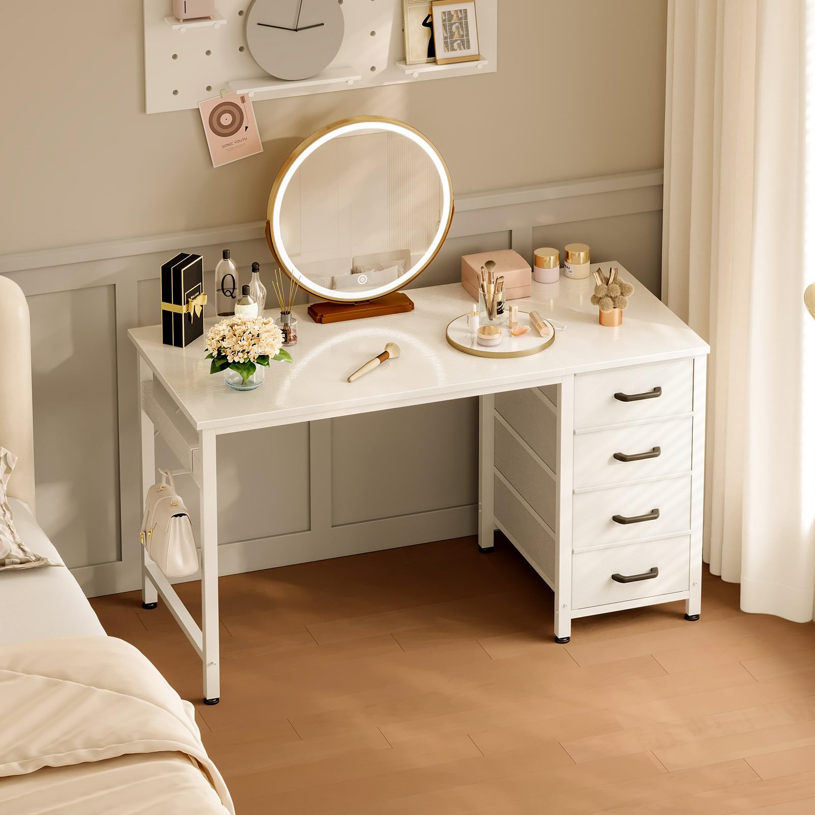 ODK Petit Bureau avec 4 Tiroir en Tissu, 100x48cm Bureau avec Rangement Table d'ordinateur avec Crochet pour Casque, Table Informatique pour Domicile, Blanc