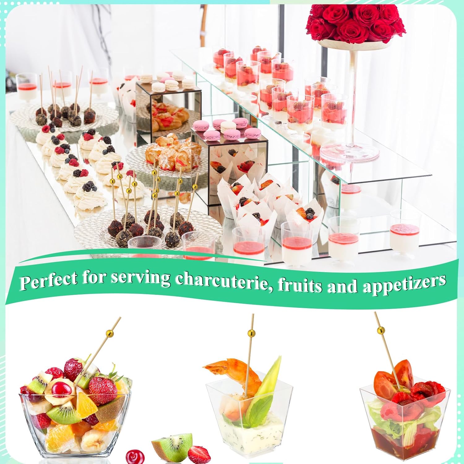 Reallnaive 4 oz 150 Pcs Mini Appetizer Charcuterie Cups Plastic Kova Cups with 100 Pcs Cocktail Sticks for Party Clear Parfait Square for Mousse Puddings Layered Cakes Salad Appetizer