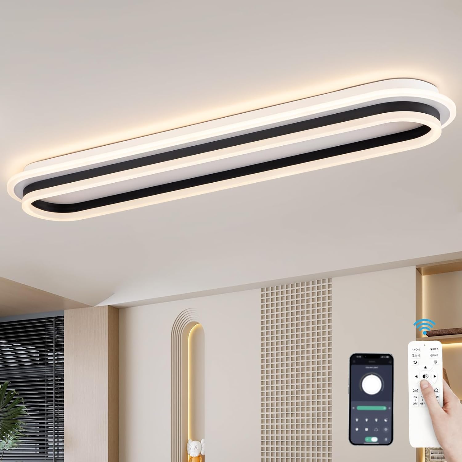 Modern Linear Ceiling Light, 31.5Inch Dimmable LED Flush Mount Ceiling Lamp with Remote Control, Long Kitchen Ceiling Light Fixture for Living Room Dining Room Bedroom Hallway (Black)