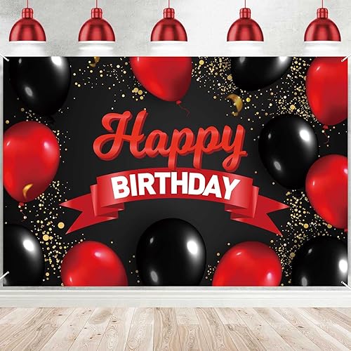 Miniatura 1 de Cartel de feliz cumpleaños, decoraciones de fondo de globos rojos y negros, decoración temática para niñas y mujeres, fiesta de cumpleaños de