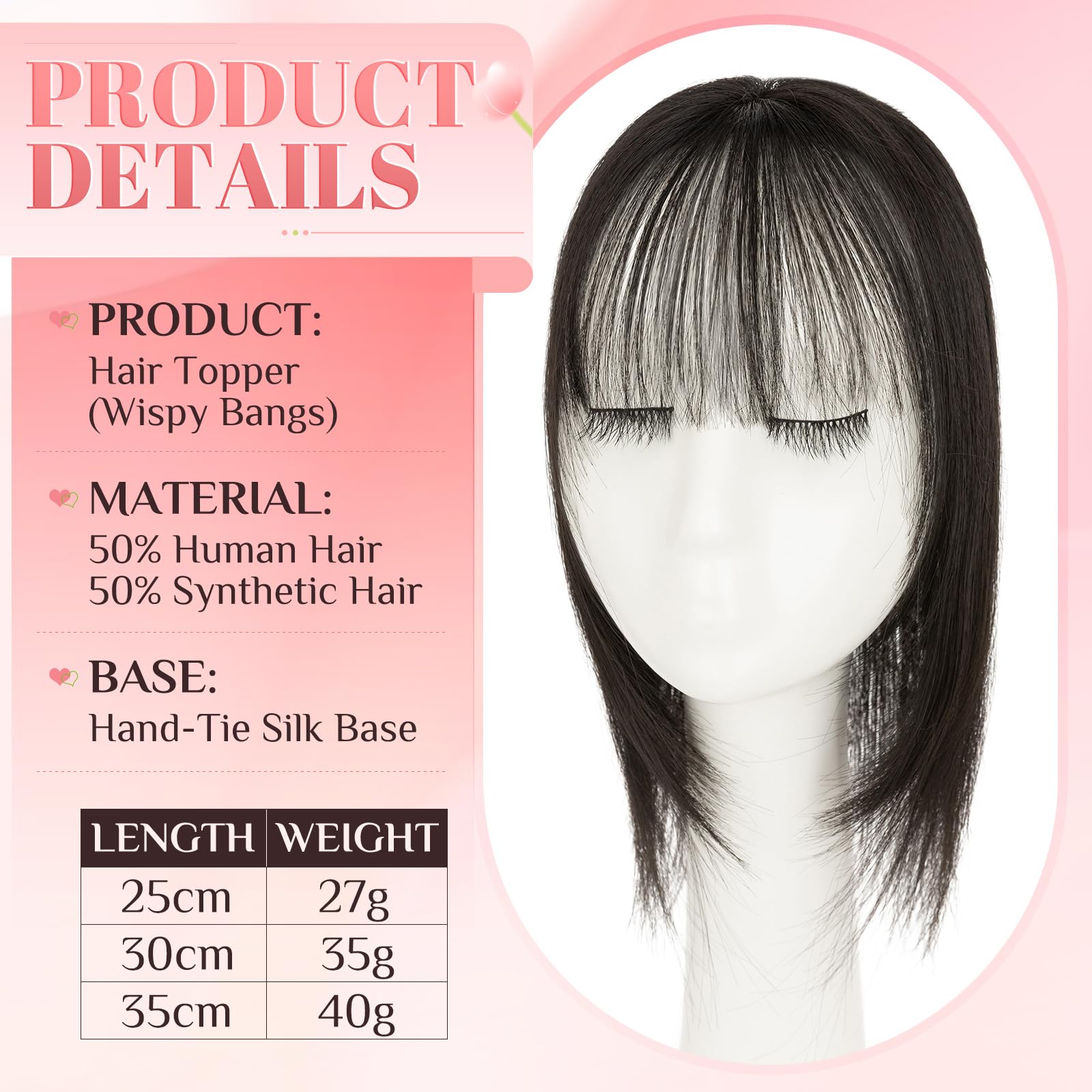 Elailite Hair Topper Prawdziwe Włosy Damskie Clip in Jedwabna Koronka 25cm Protesi Toupee Frangia Sottile (Hand-tie Base 8x11.5cm) 27g #1B Nero Naturale