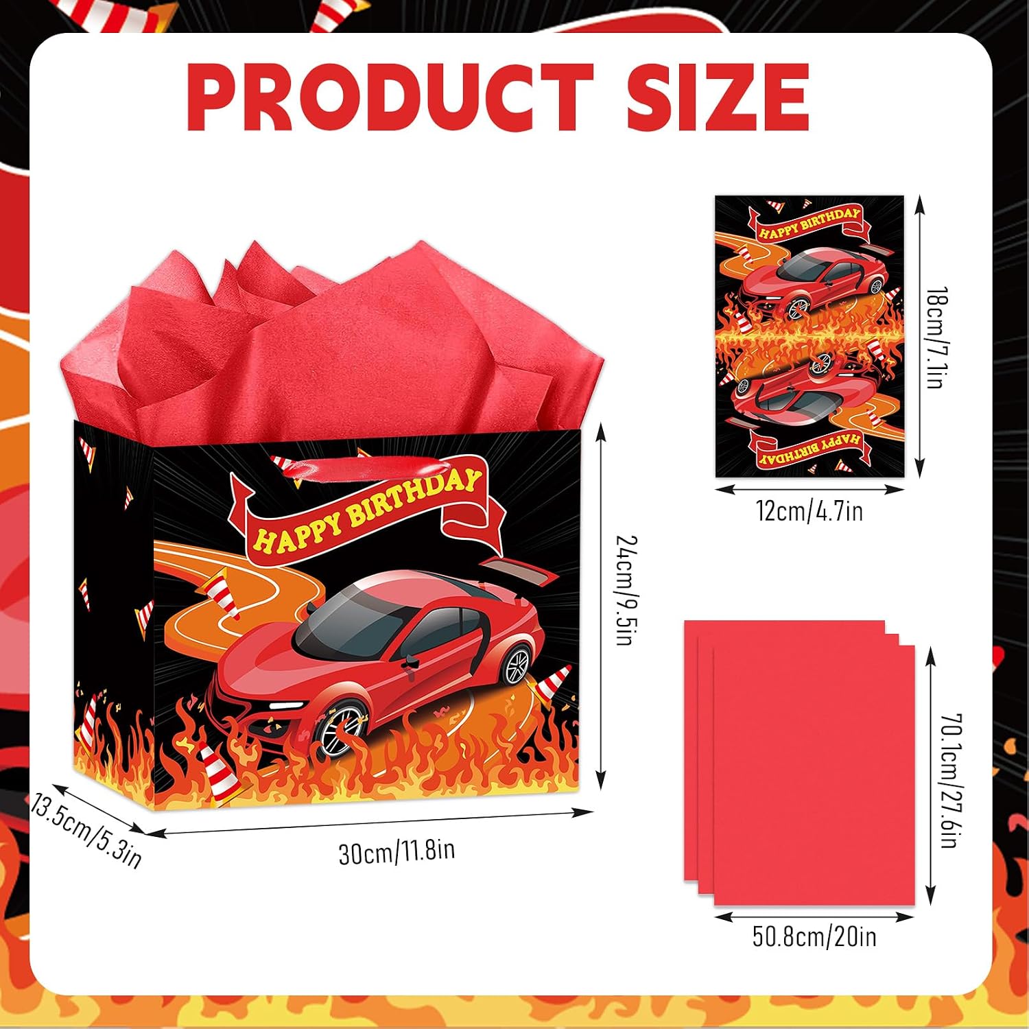 HZRNNA Black Race Car Gift Bag, Happy Birthday Gift Bag with Card and Tissue Paper, Racing Car Themed Birthday Party Decorations for Boys, Girls, Adults, Teenagers, Racing Party Favors Supplies image 3