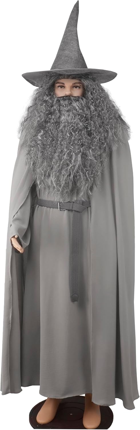 Grey Wizard Costume for Adult Medieval Pilgrim Cosplay Outfit with Hat Robe Cloak Wig Beard for Halloween LARP