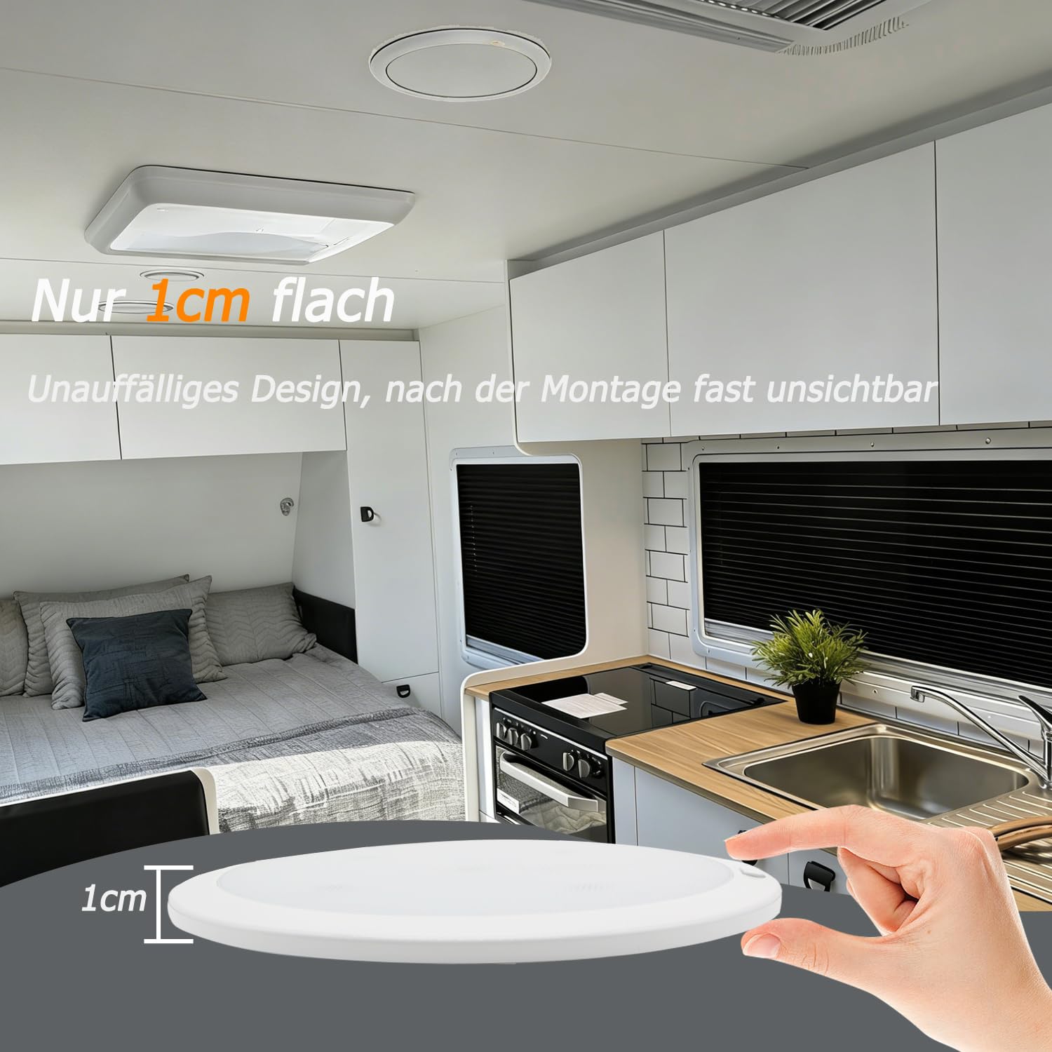 D-lite 12V Deckenlampe Wohnmobil, Wohnwagen Deckenleuchte, Kaltweißes Licht 6000K, Dimmbar, mit Blauem Licht, Memory-Funktion, Φ22CM Rund, Flach LED Lampe für Camper, Boot, Caravan