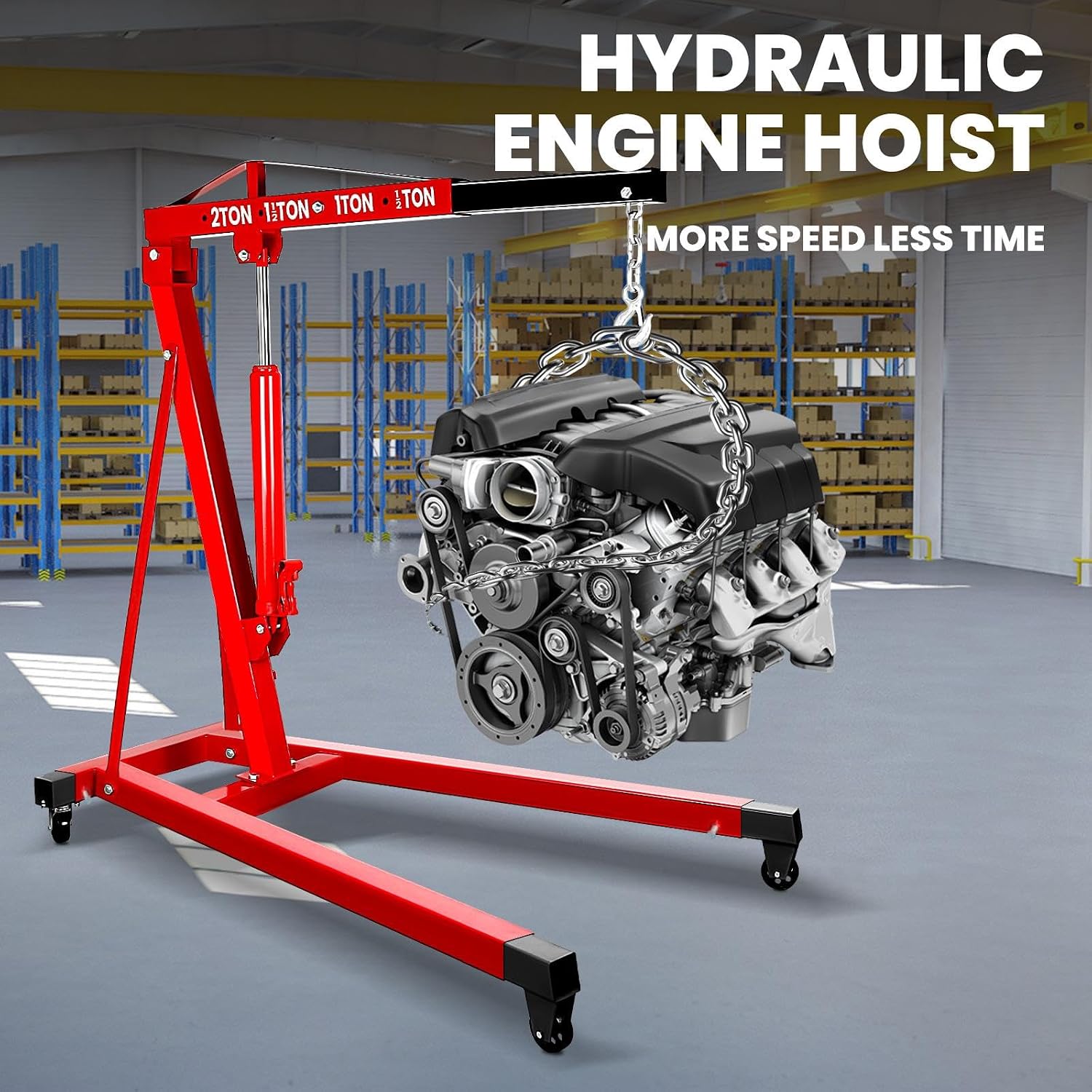 2 Ton Folding Engine Hoist Cherry Picker 4400 LBS Capacity Hydraulic Shop Crane w/Telescoping Boom 4 Caster Wheels for Automotive Repair, Heavy Duty Cherry Picker for Workshops Garage, Red