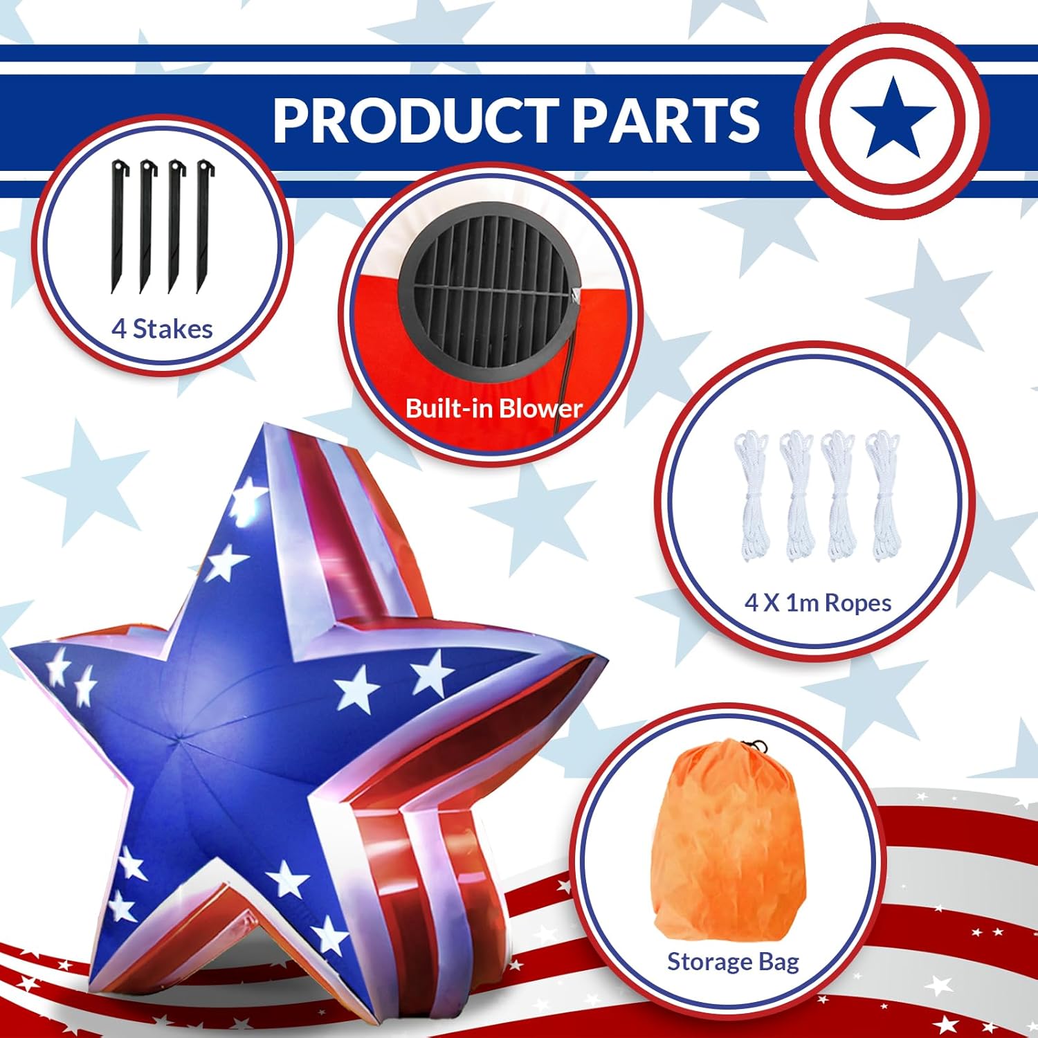 Patriotic Inflatable 5.4FT USA Star 4th of July Inflatable Yard Decorations Outdoor Holiday LED Blow up Decor for American Decorations Advertising Business Promotion