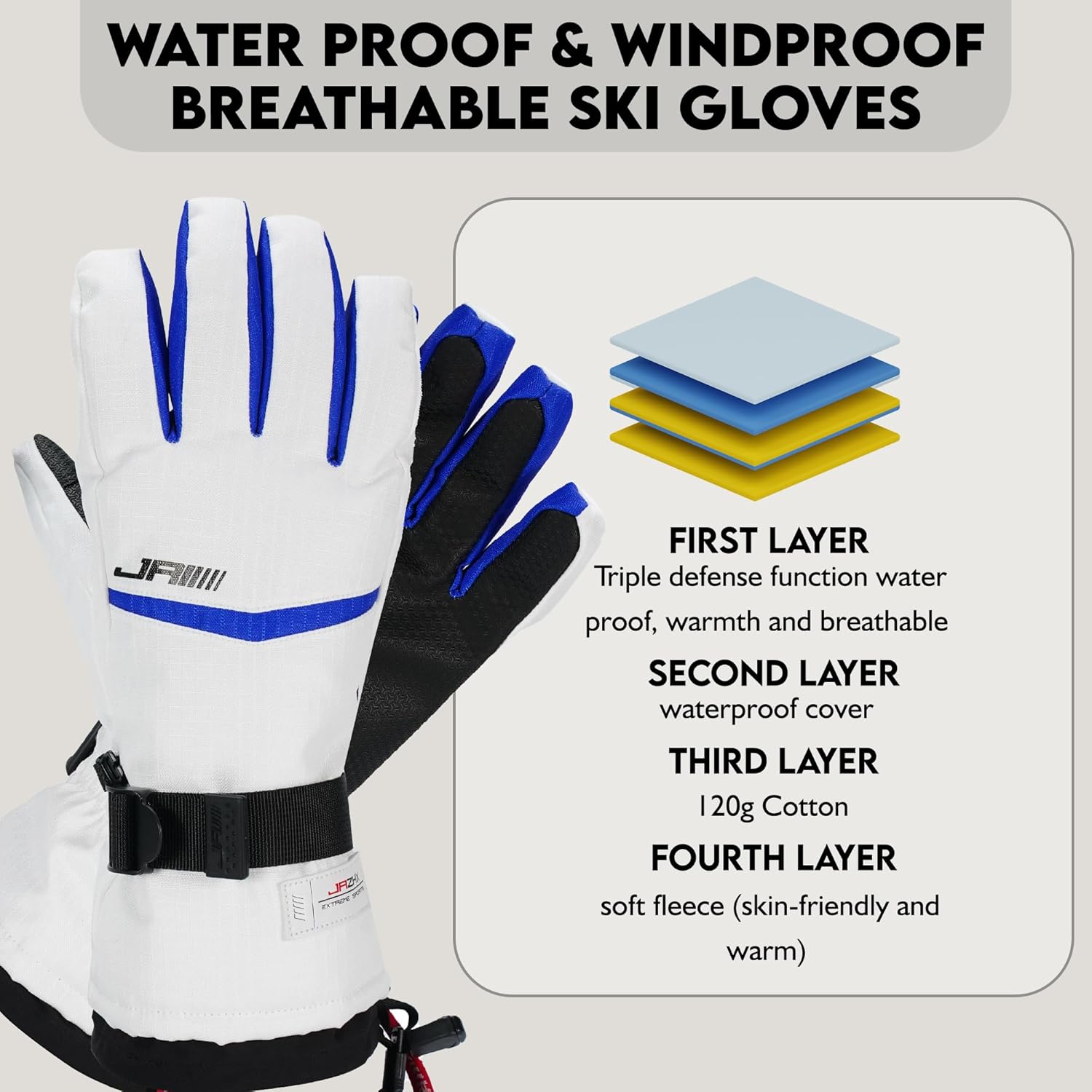 Touch Screen Ski Gloves Women & Men with Quadruple Layer Protection, Waterproof Snow Gloves Breathable & Warm, Snow Stopper Adjustable Wrist Drawstring, Anti-Lost Rope, Adjustable Wrist Strap