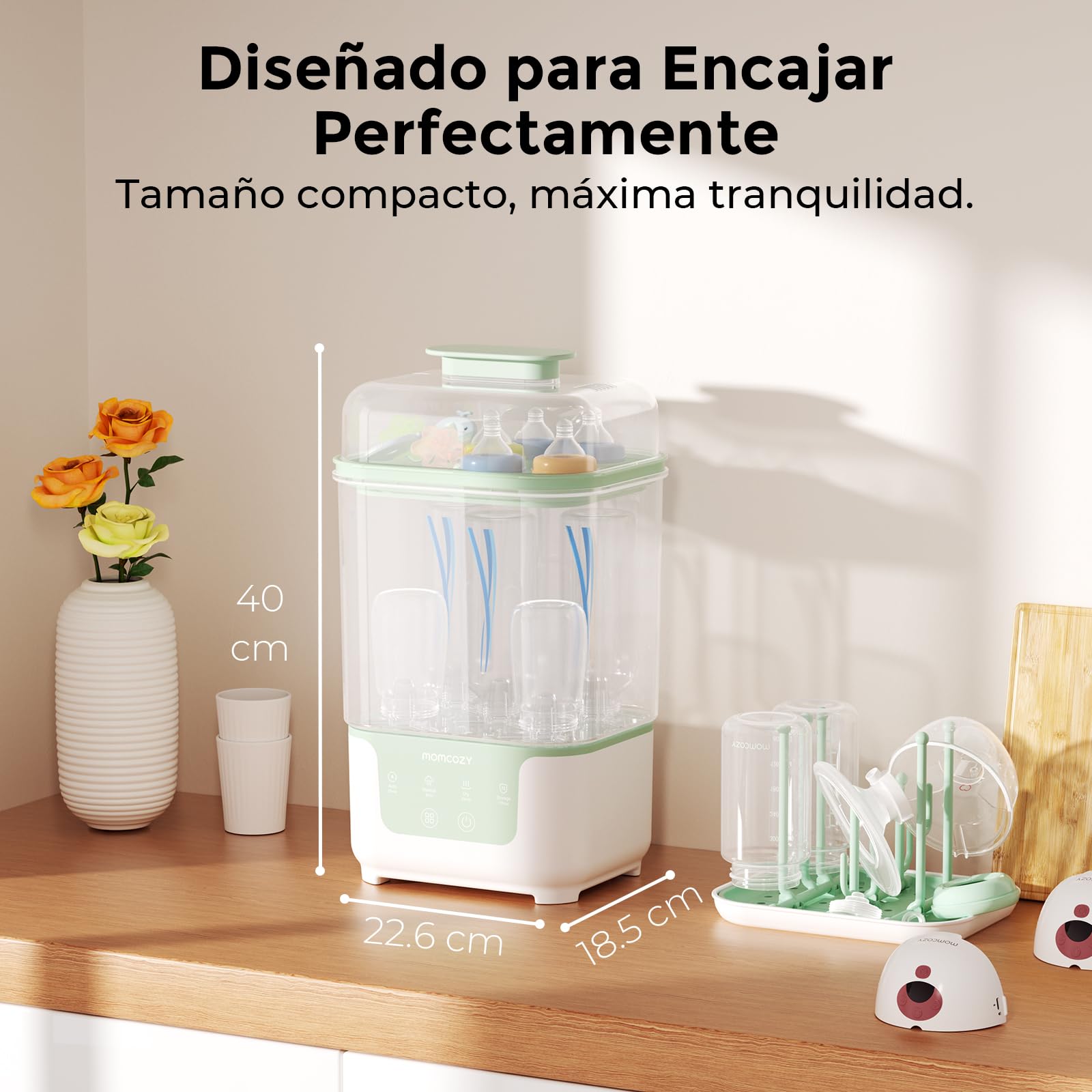 Momcozy Esterilizador y Secador Eléctrico para Biberones, Capacidad para 6 Biberones, Dispositivo 4 en 1 para Biberones, Accesorios y Extractores de Leche, con Soporte de Secado Incluido