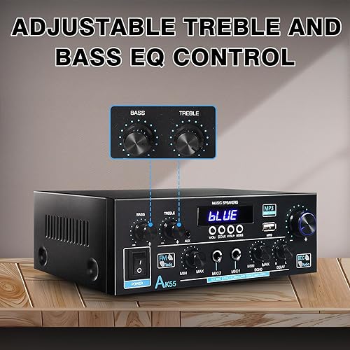 Miniatura 7 de AK55 Bluetooth 5.0 Amplificador de audio para el hogar, 2.0 canales máx. 450 W Receptor amplificador estéreo de potencia con USBAUXRCAOptCOA2 MIC in