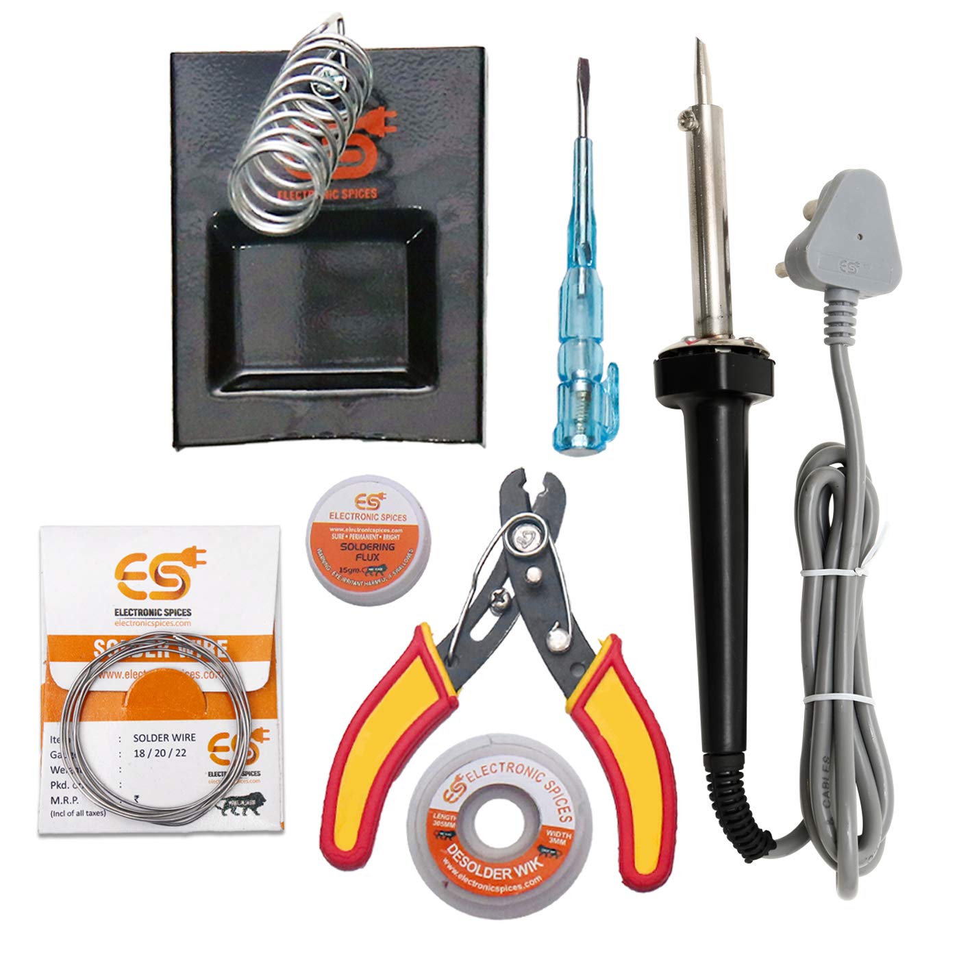 Electronic Spices (7 in 1) 60watt Soldring Iron Starter Kit + Paste + Desolder Wire + Soldring Stand + Solder wire + cutter + Tester For electronic projects (B08Q7VZFYH) Amazon Price History, Amazon Price Tracker