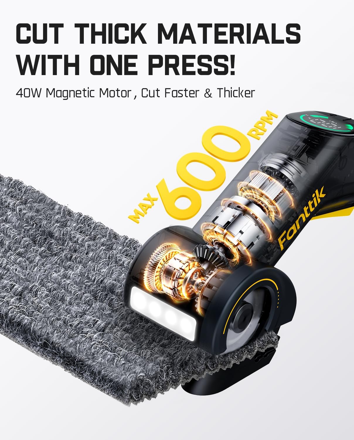 Fanttik C10 Pro BowGuide Electric Cardboard Cutter, Cordless Scissors with LED Display, 2-Speed Adjustable, Rechargeable Powerful Rotary Box Cutter with 2 Blades for Fabric, Carpet, Leather, Cardboard