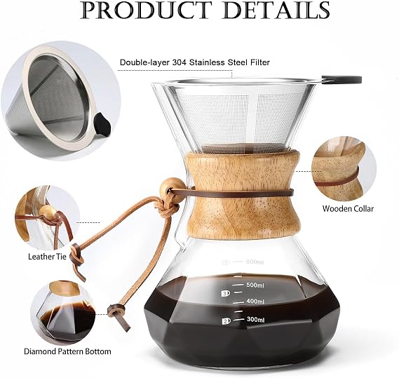 Lalord Pour Over Coffee Maker with Reusable Stainless Steel Filter, 600 ml Borosilicate Glass Coffee Carafe, Wooden Collar, Coffee Dripper Brewer, Hold 3 Cups, 600ml