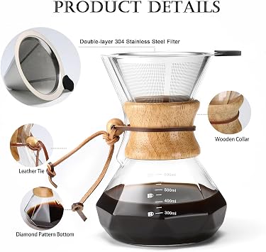 Lalord Pour Over Coffee Maker with Reusable Stainless Steel Filter, 600 ml Borosilicate Glass Coffee Carafe, Wooden Collar, Coffee Dripper Brewer, Hold 3 Cups, 600ml