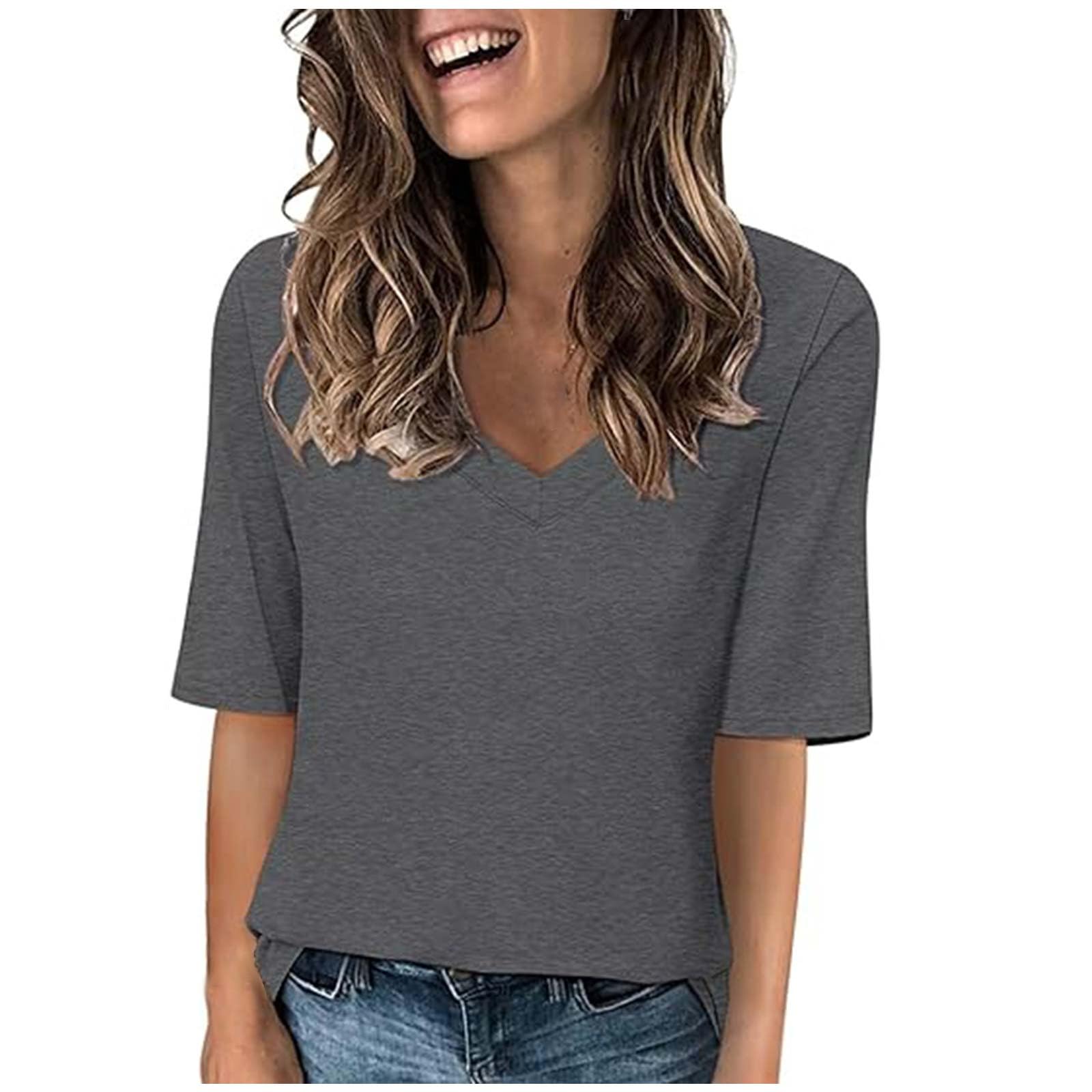 Womens T Shirts Summer Casual V Neck Half Sleeve Tops Loose Basic Tshirts Summer Solid Color 1/2 Sleeve Tunic Tee Shirts Comfy Fit Plain Sport Blouses Ladies Blouses Going Out Tops Daily Wear