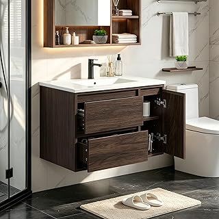 30 Inch Bathroom Vanity with Sink, Modern Floating Wall Mounted Bathroom Storage Cabinet, Integrated Ceramic Sink, 2 Soft Close Drawers and Hinged Door, Walnut Wood Grain Finish