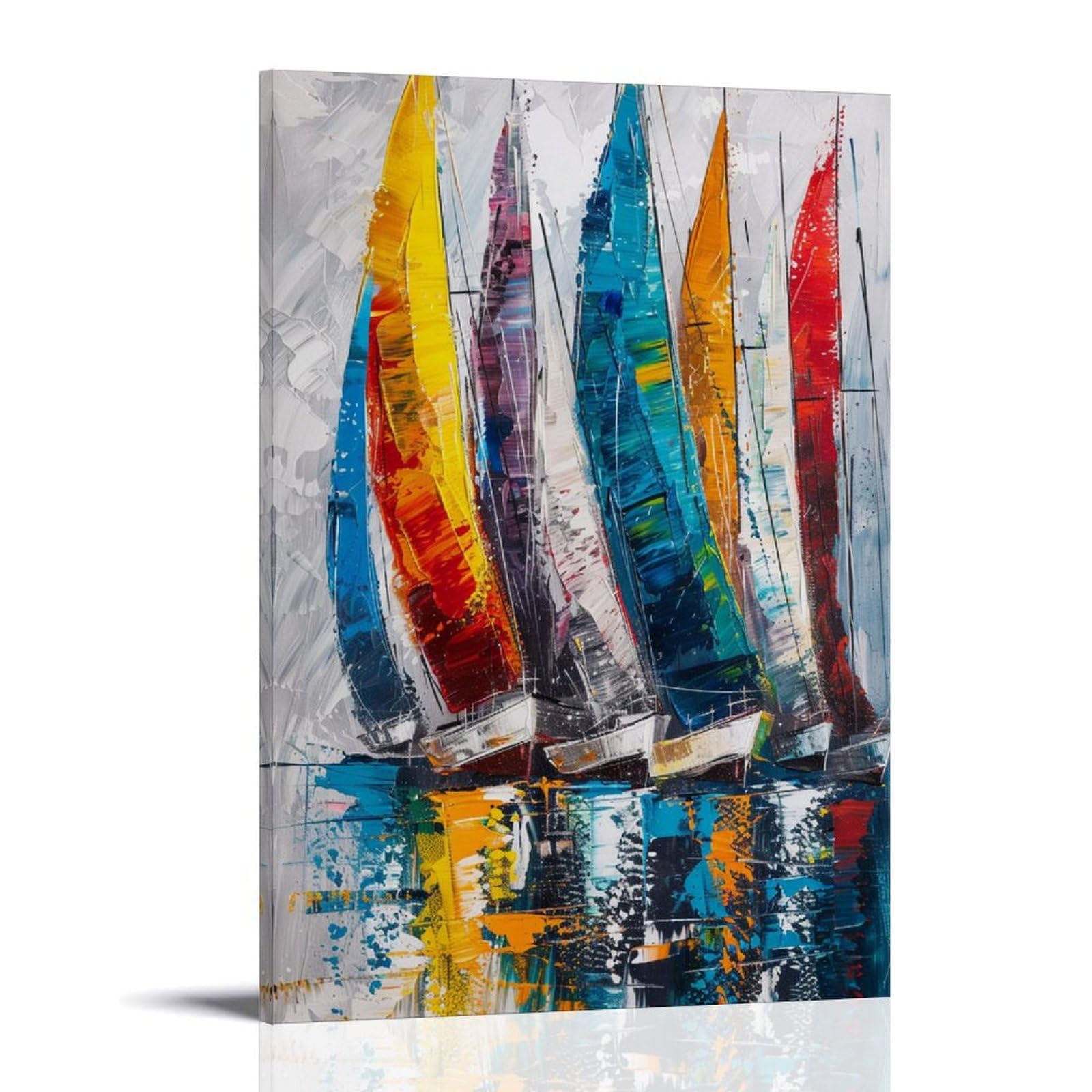 FYFMUSHE Vintage Sailboat Canvas Wall Art Paintings Abstract Colorful Sea Boat Pictures on Canvas Prints Framed Ready to Hang Artwork for Bedroom Home Decor 16x24inch(40x60cm)