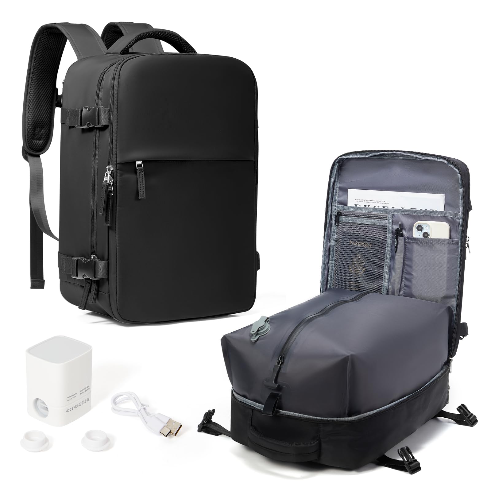 HPLQQ Zaino 40x30x20 per Ryanair Zaino Sottovuoto da Viaggio con Pompa | Aereo Bagaglio a Mano Easyjet Borsa da Cabina per Uomo e Donna Lavoro e Scuola Casual Daypack,S Nero