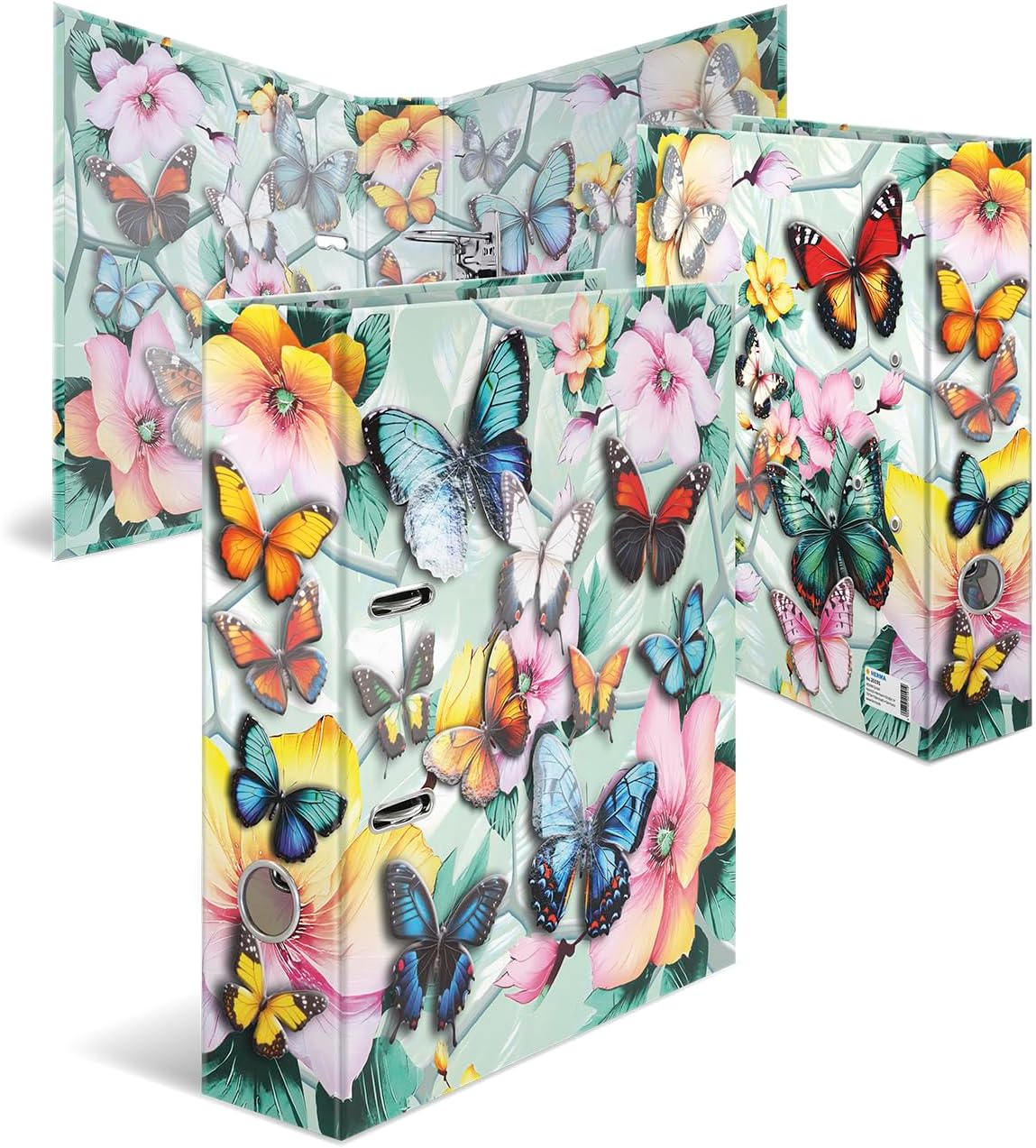 Herma Folder A4 Butterfly, 7 cm Wide, Children's Ring Binder with Flower Motif, Colourful Lever Arch File with Shiny Finish, Inner Print for Boys and Girls