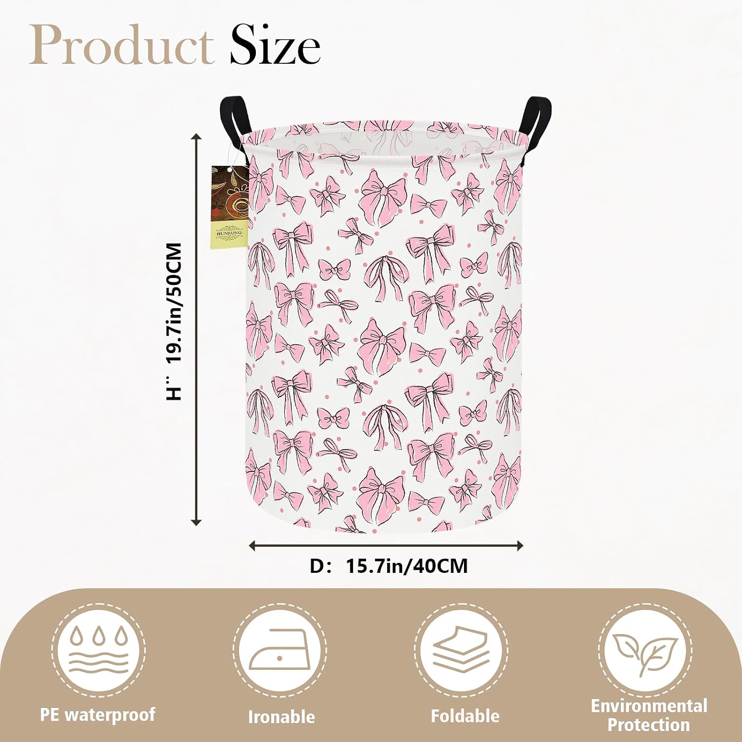 Round Fabric Collapsible Storage Basket with Handles, Pink Bow image 2