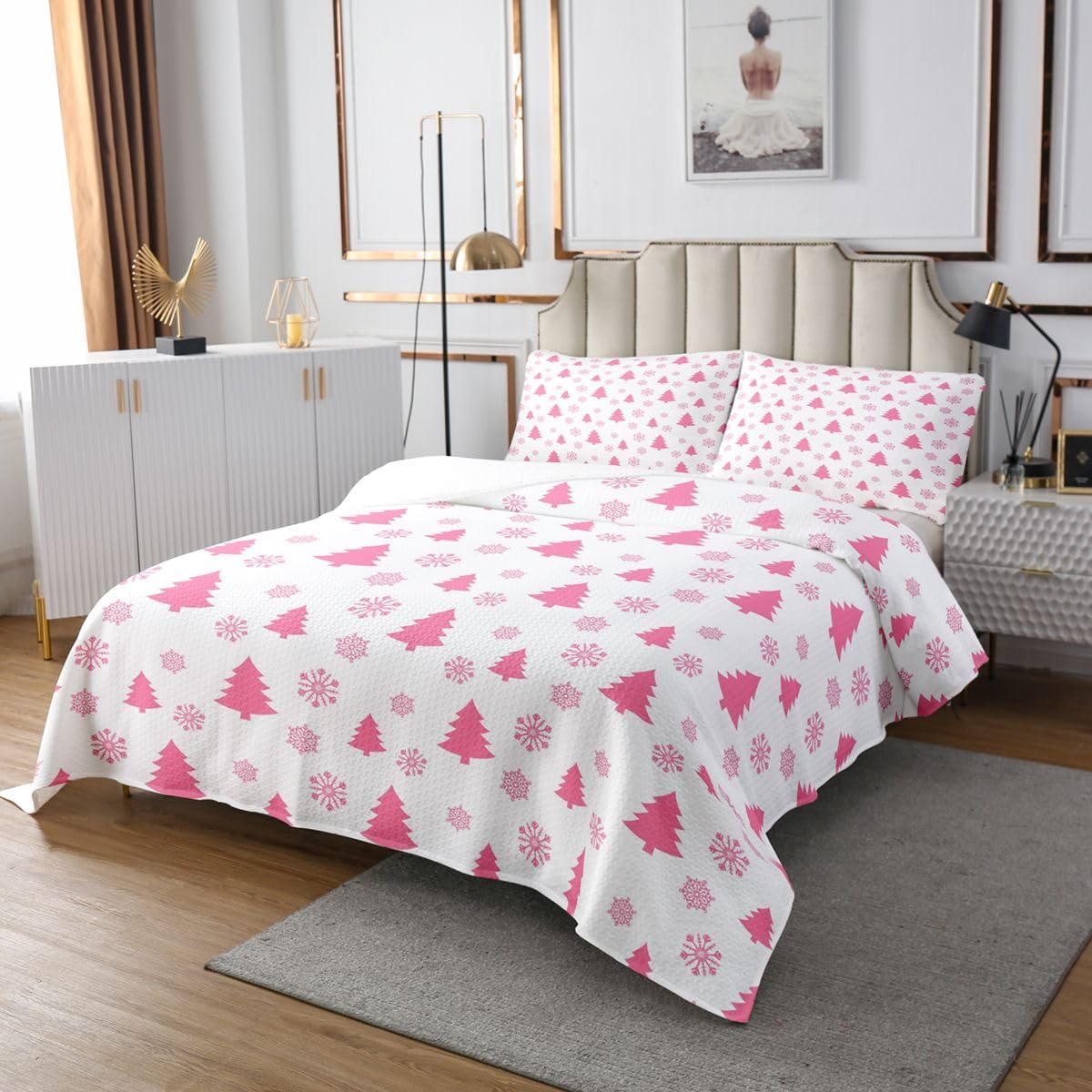 jejeloiu Merry Christmas Bedspread for Kids Boys Girls Snowflake Xmas Tree Coverlet Set Queen Size Holiday Quilted Coverlet Bedroom Decor Breathable Soft Lightweight Microfiber Pink and White 3Pcs