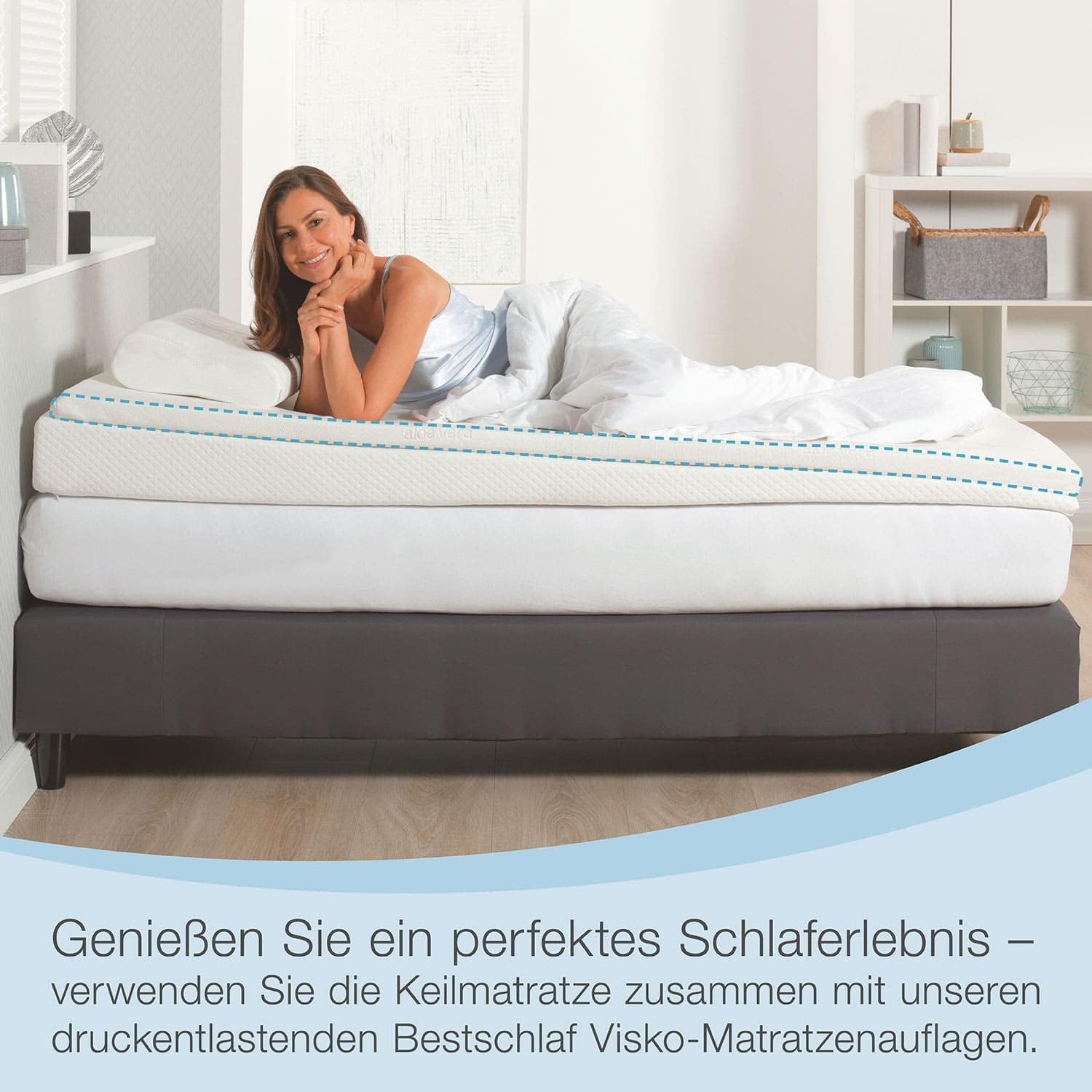 ELONEO Bettkeil Topper 80 x 200 cm aus Komfortschaum, Matratzen-Keilkissen zur Bettneigung, Keilmatratze, Keilförmige-Matratzenauflage, Erhöhungskeil, Bezug waschbar