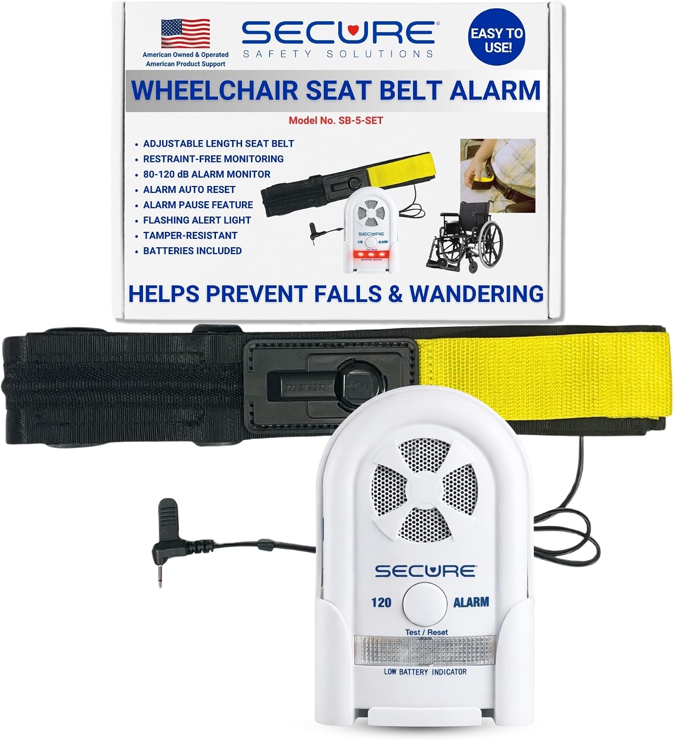 Secure Safety Solutions Wheelchair Seat Belt Chair Alarm for Elderly Fall Prevention - 120 dB Caregiver Alert Patient Monitor and Non-Restraint Sensor for Dementia Patients Safety