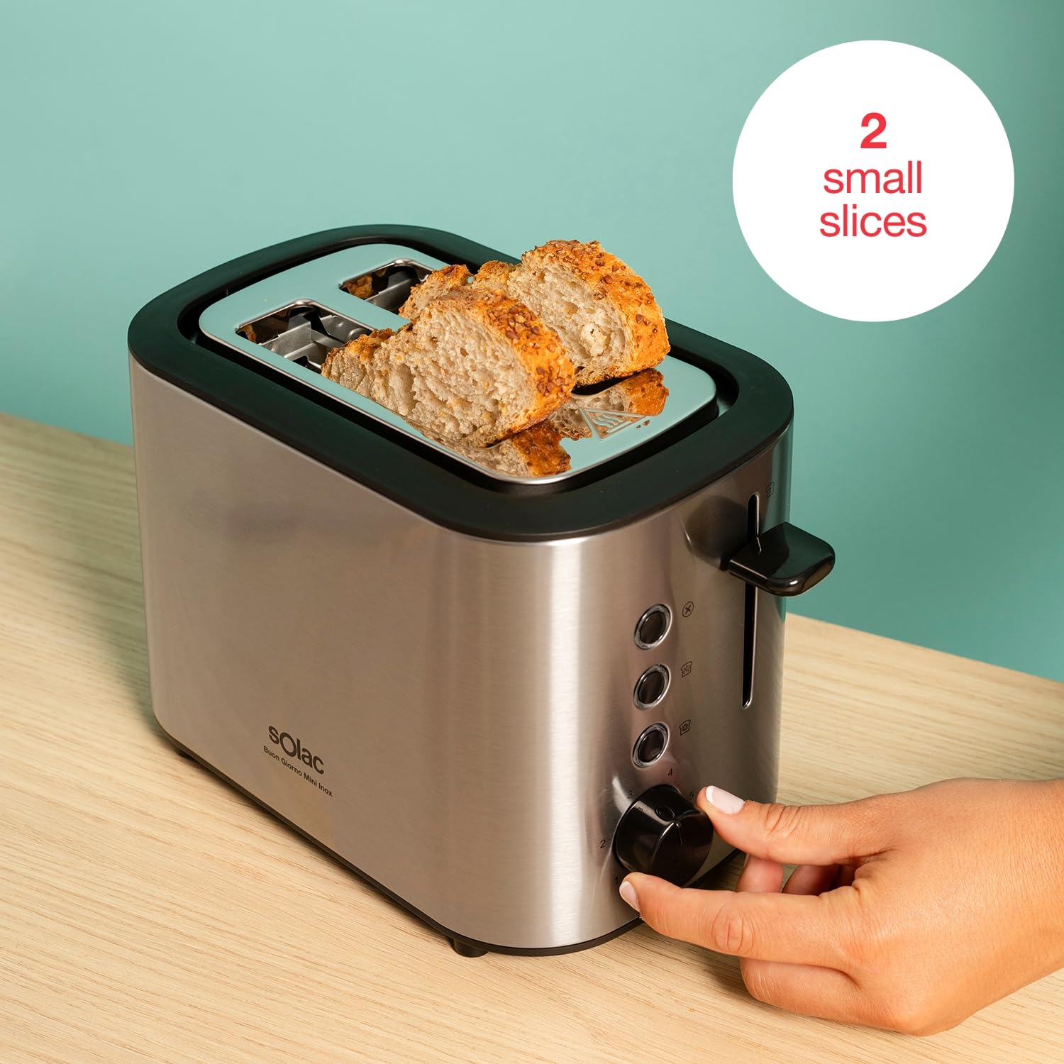 Solac Buon Giorno Mini Inox opiekacz 870 W | 13 x 11,5 x 3,4 cm Powierzchnia prażona | 6 poziomów | 3 funkcje | 2 plastry | samocentrujące | światło LED | zbieranie okruchów | szary
