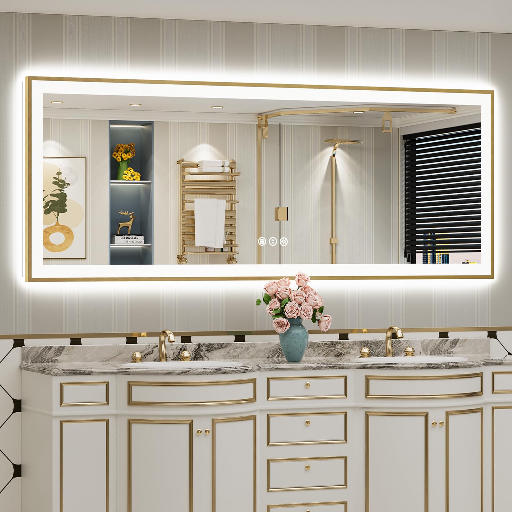 84x32 Gold LED Bathroom Mirror with Lights, Lighted Vanity Mirror