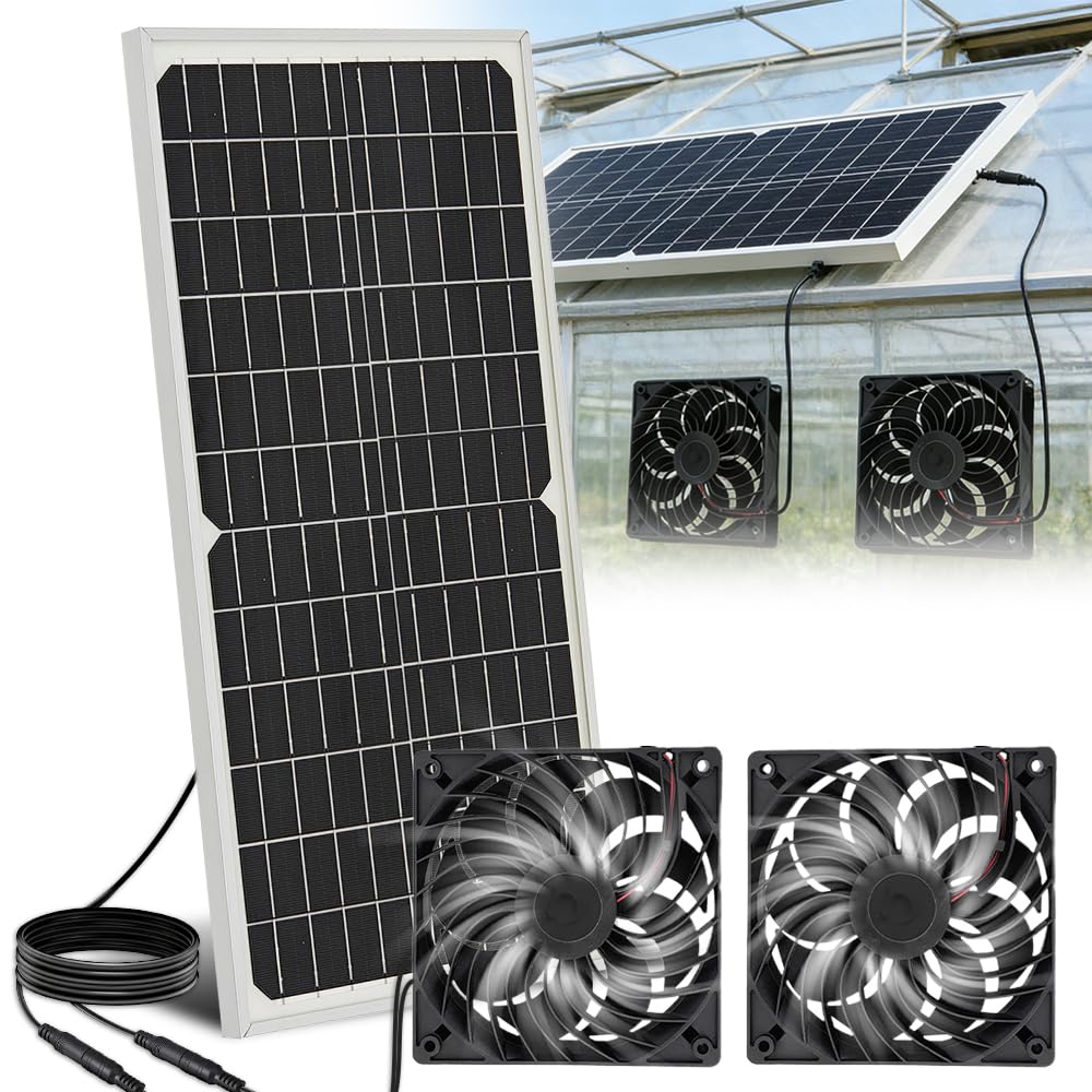 Ventilateur Solaire, 16W Extracteur d'air Solaire, Étanches Double Ventilateur Énergétique avec Panneau Solaire pour Poulailler, Serres, Maisons pour Animaux, Admission ou Évacuation d'air