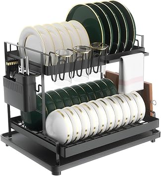 2-Tier Dish Drying Rack with Drain Board,Large Dish Drying Rack for Kitchen Counter, Detachable Large Capacity Dish Drainer Organizer with Utensil Holder