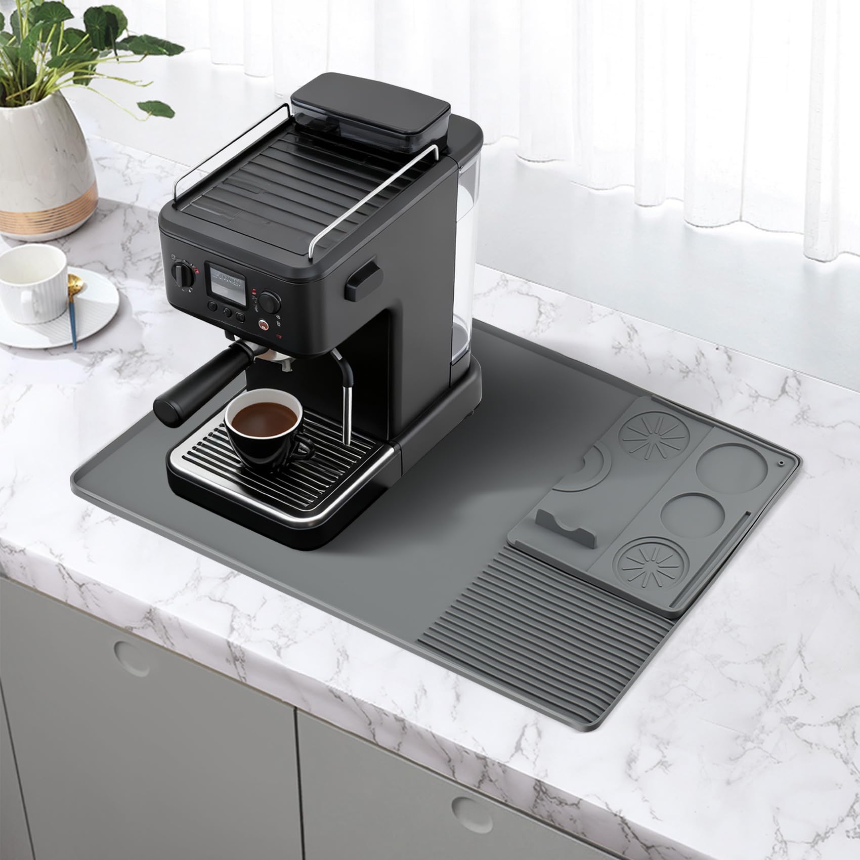 cdymrl Silicone Coffee Mat with Convex Edge (Gray),Large Silicone Coffee Mat,24''x16'' Drying for Kitchen Counter, Bar Quick-Drying Worktops Protector Machine Accessories