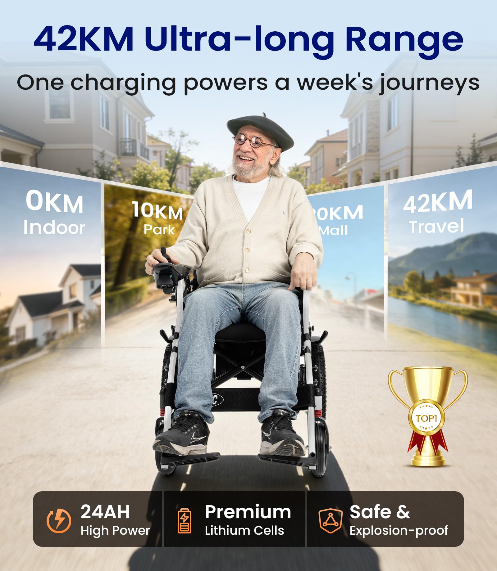 VOCIC Sedia a rotelle elettrica pieghevole leggera V58, sedia a rotelle elettrica fino a 150 kg, con pneumatici in gomma per esterni, 500 W, sedile morbido 46 cm, supporto 5 anni
