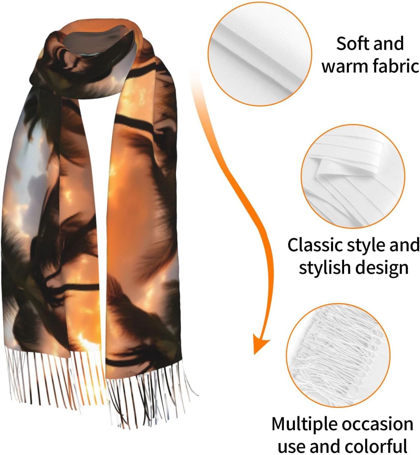 Coconut Beach Sunset Hammock Print Fringed Scarf For Women For Fall Winter Accessory Outdoor Outings Parties Weddings image 3