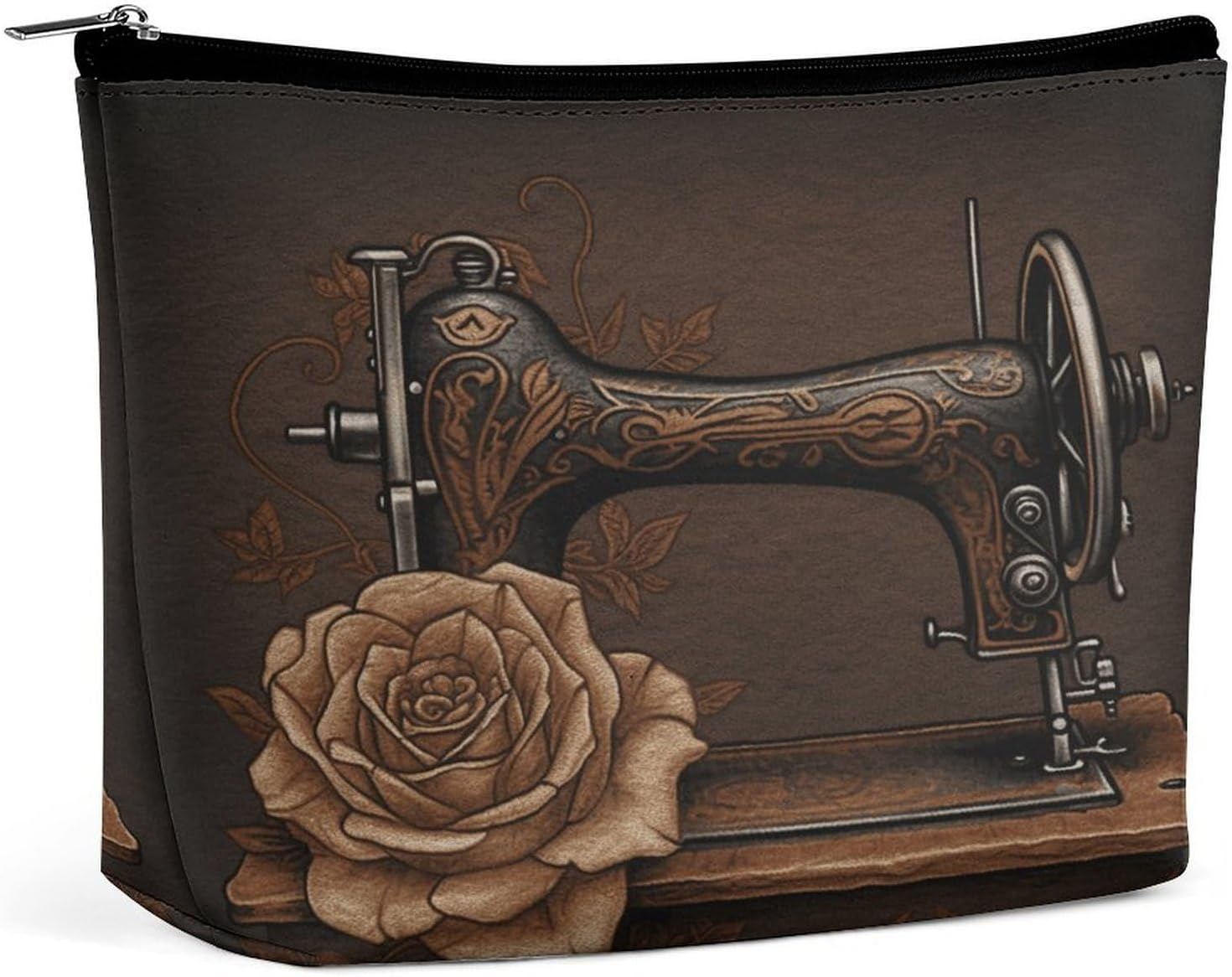 Large Capacity Pu Leather Cosmetic Bags for Women Travel Makeup Bag with Zipper Portable Waterproof Rose And Sewing Machine Toiletry Bags Fashion Coin Purse Elegant Cosmetic Pouch