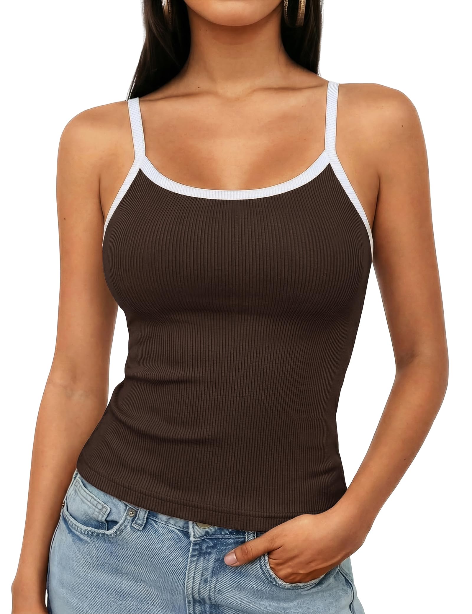 Aottori Tank Top Damen Sommer Ärmellose Spaghetti Tops Rundhals Gerippt Slim Fit Camisoles Tanktop Frauen Basic Crop Rückenfreies Sexy Oberteile