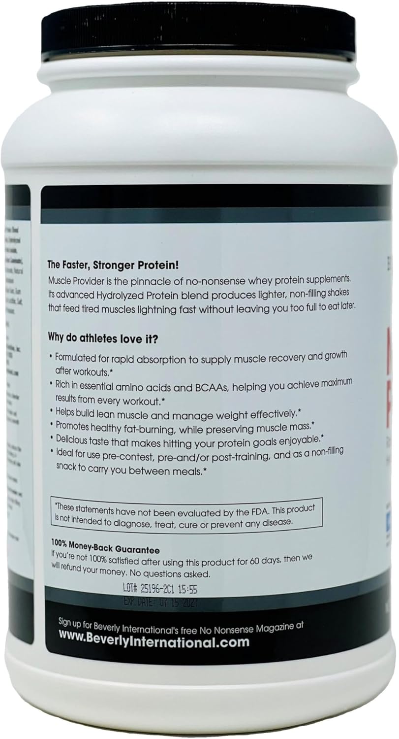 Beverly International Muscle Provider, 28 Servings, Vanilla. Super-Fast-Absorbing Whey Protein Powder for Recovery, Lean Muscle. Fills Your Muscles, not Your Stomach. Tastes Like Ice Cream
