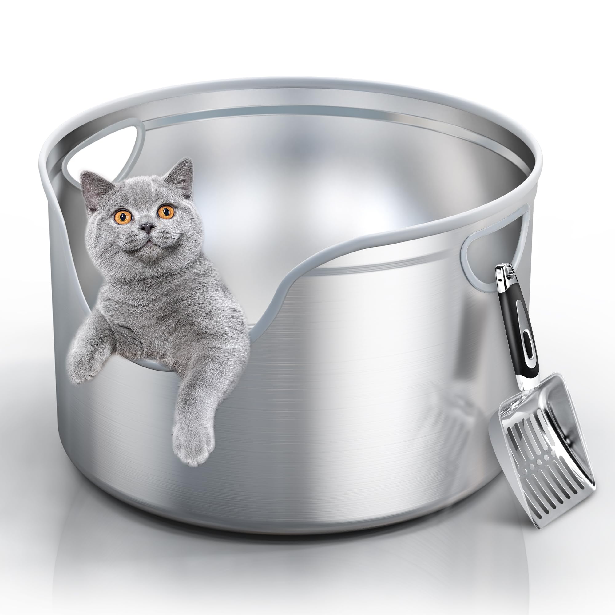Stainless Steel Litter Box Metal with Integrated Round for XL/XXL Big and Multi Cats, 12" High Wall High Side, Odor Control, Easy to Clean, Durable, Includes Stainless Steel Scoop
